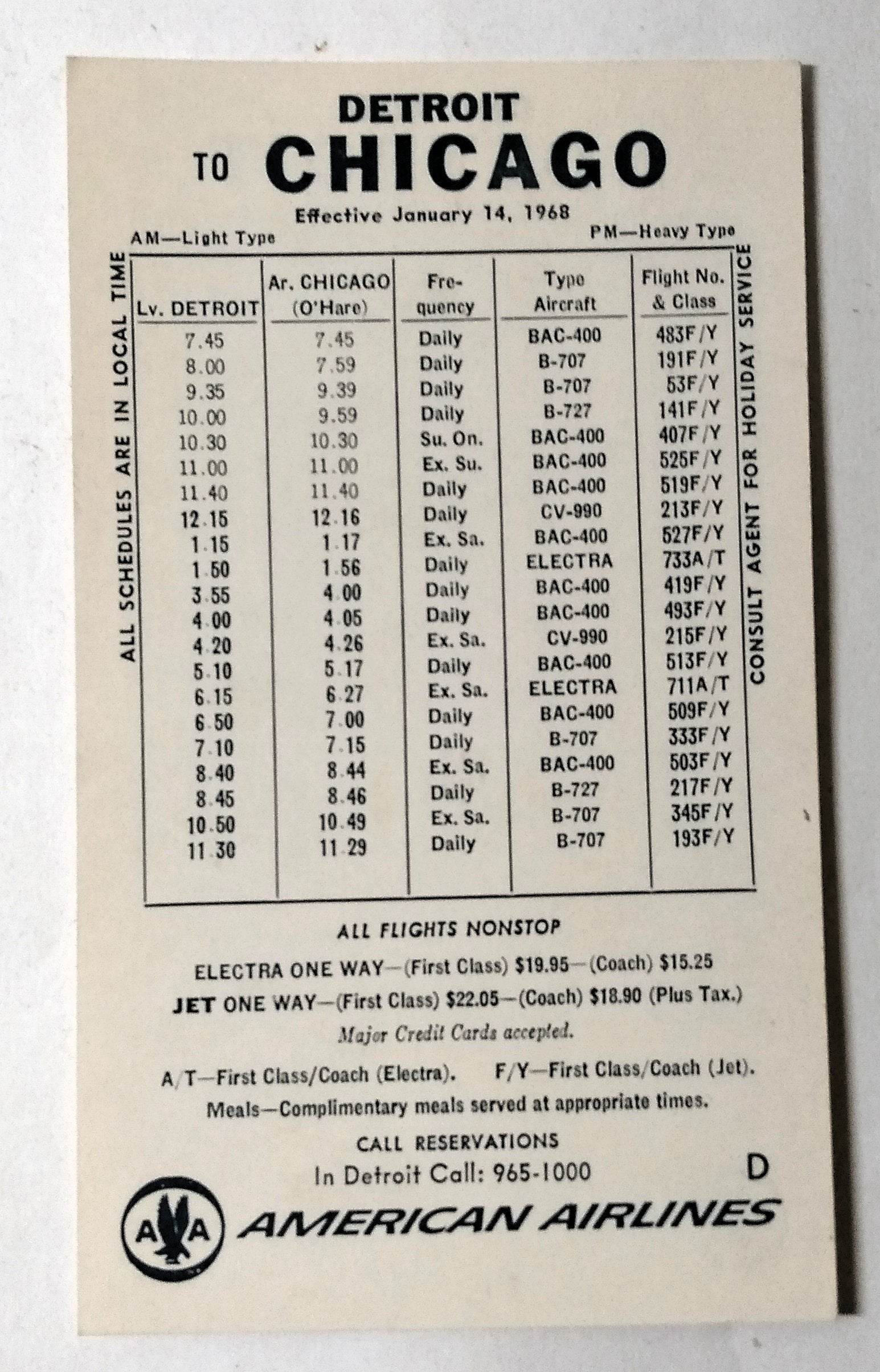American Airlines 1968 Chicago Detroit Flight Schedule Card - TulipStuff