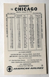 American Airlines 1968 Chicago Detroit Flight Schedule Card - TulipStuff