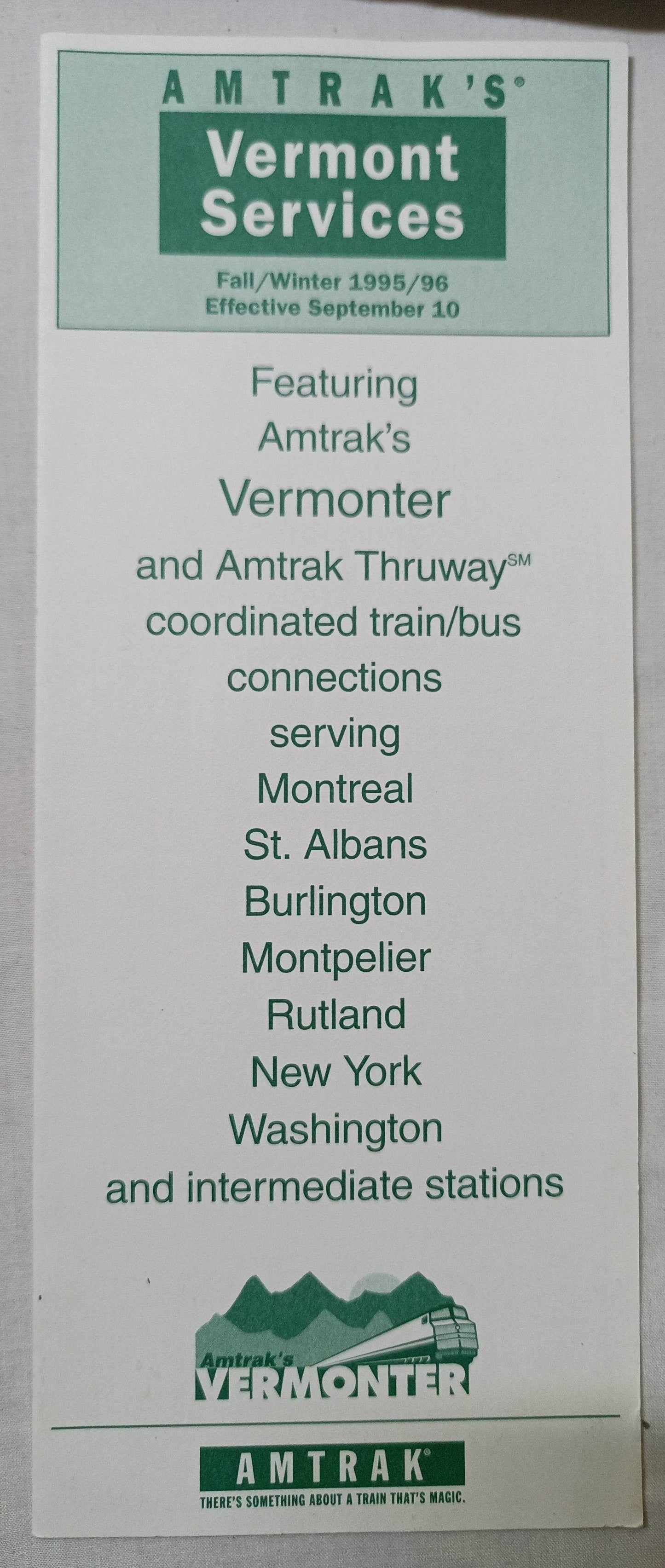 Amtrak Vermont Services Vermonter Fall/Winter 1995/96 Schedule - TulipStuff