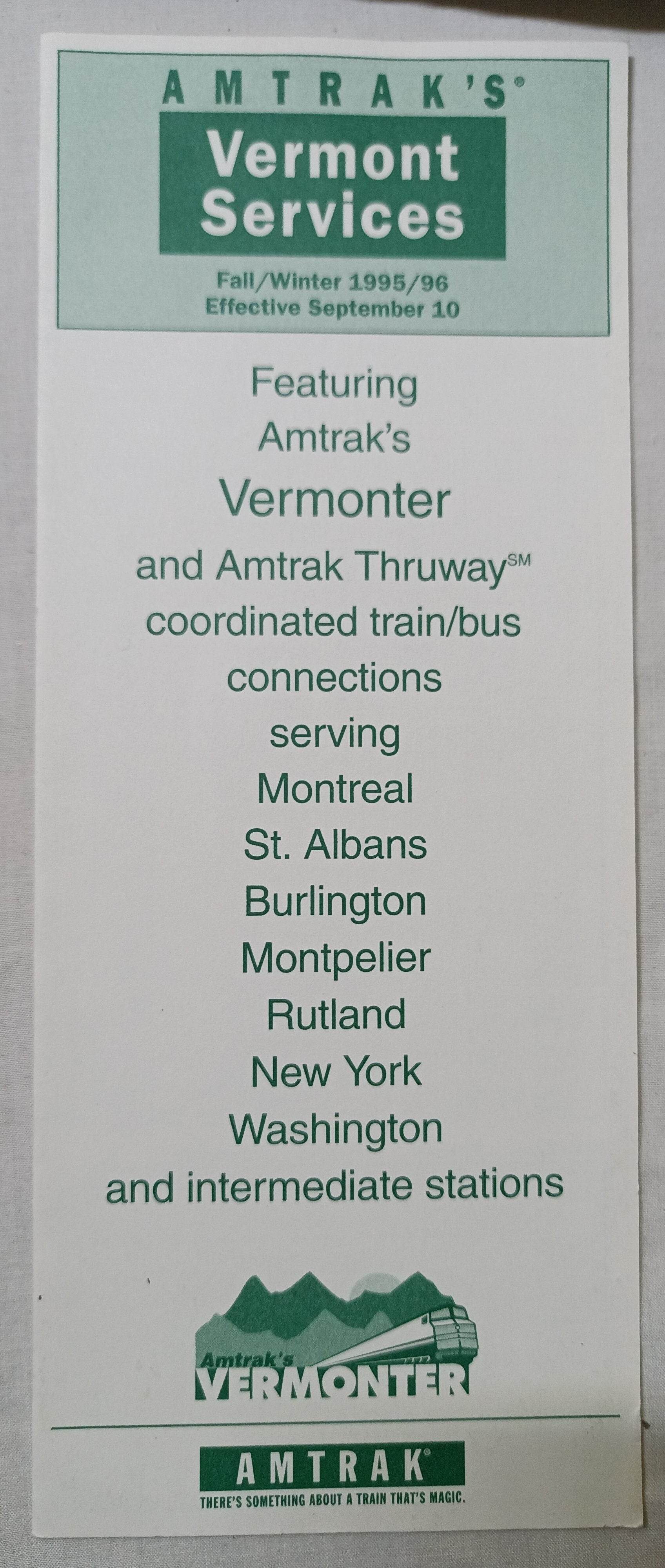 Amtrak Vermont Services Vermonter Fall/Winter 1995/96 Schedule - TulipStuff