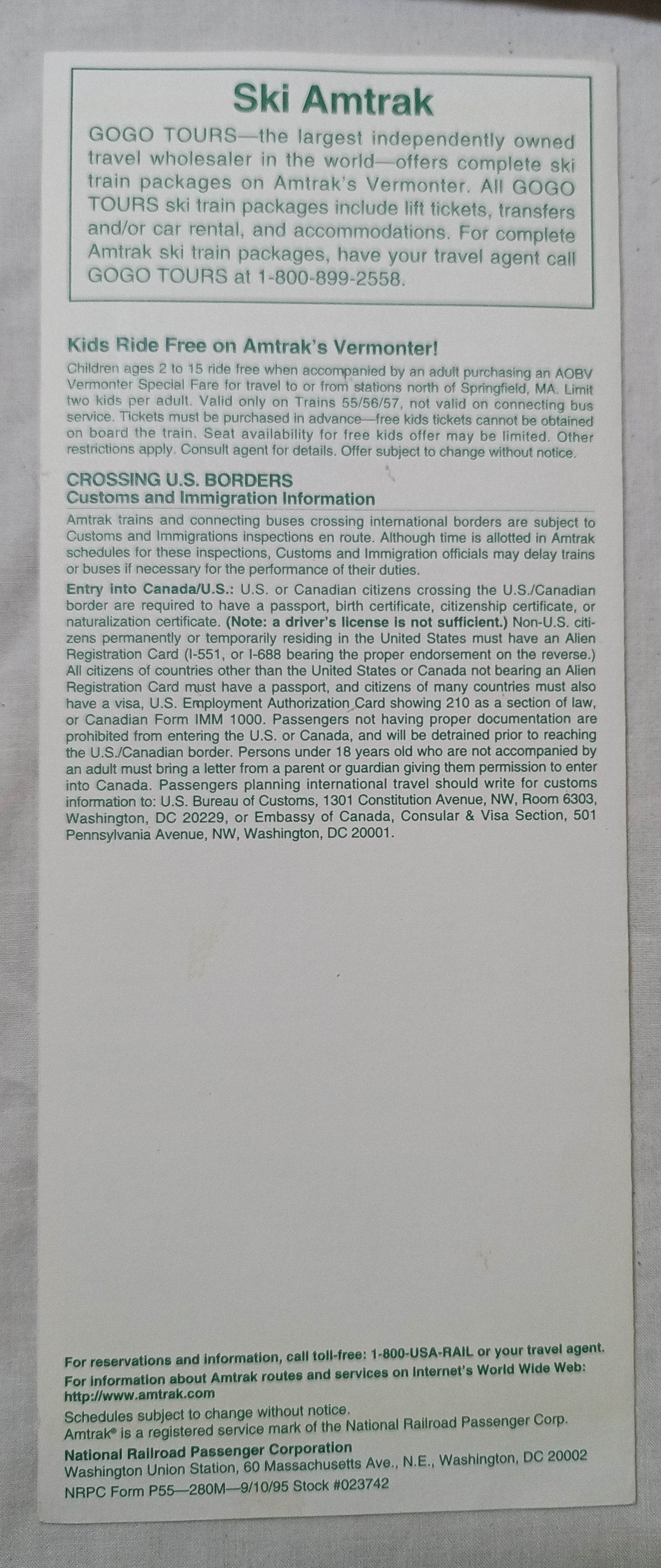 Amtrak Vermont Services Vermonter Fall/Winter 1995/96 Schedule - TulipStuff