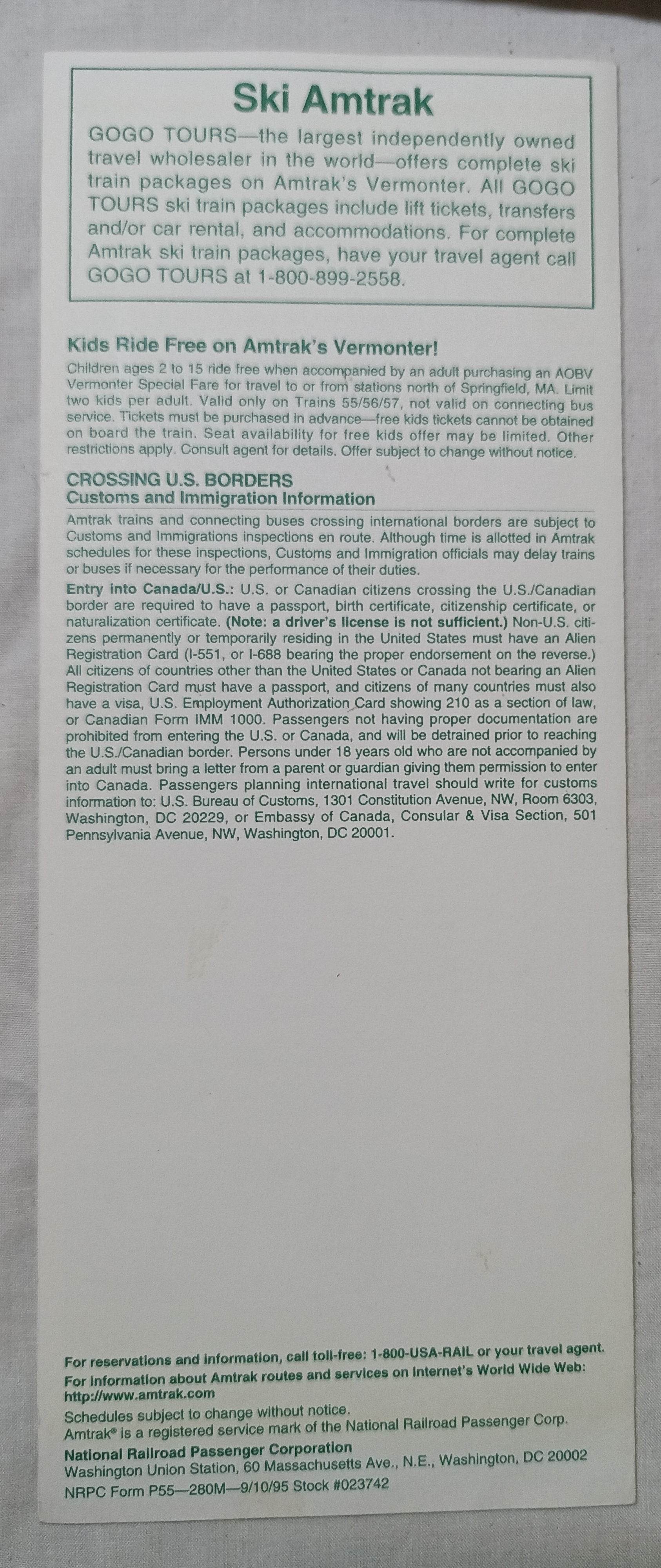 Amtrak Vermont Services Vermonter Fall/Winter 1995/96 Schedule - TulipStuff