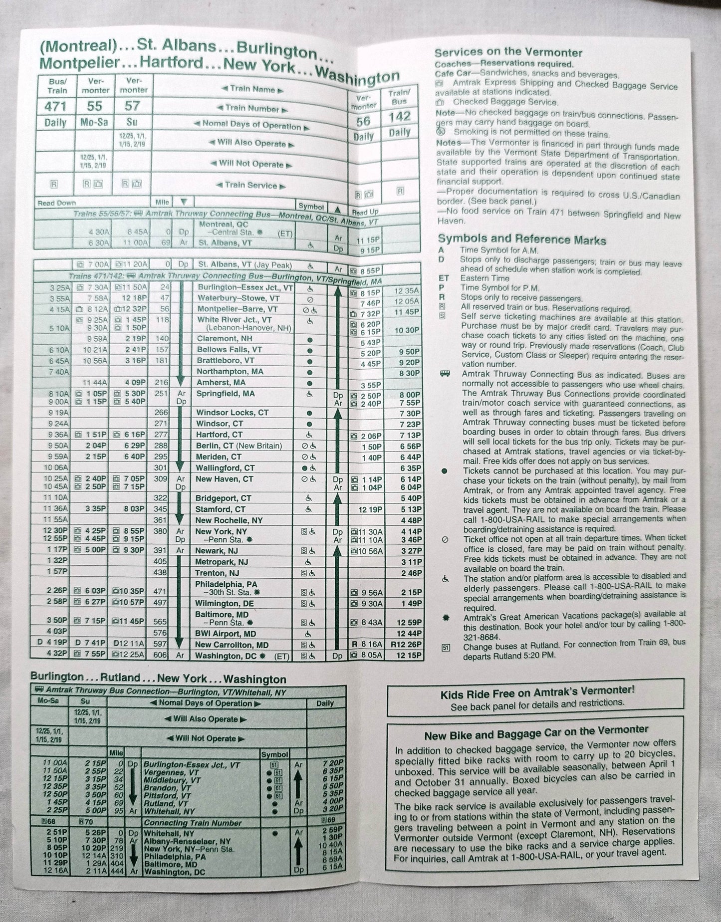 Amtrak Vermont Services Vermonter Fall/Winter 1995/96 Schedule - TulipStuff