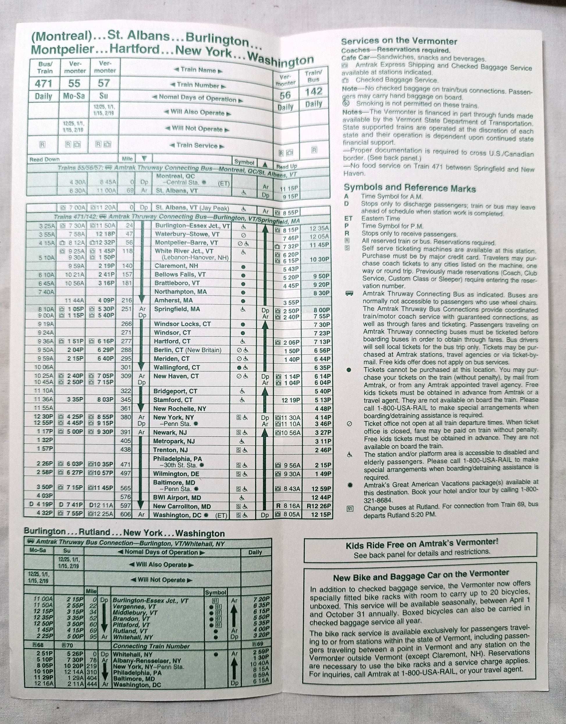 Amtrak Vermont Services Vermonter Fall/Winter 1995/96 Schedule - TulipStuff
