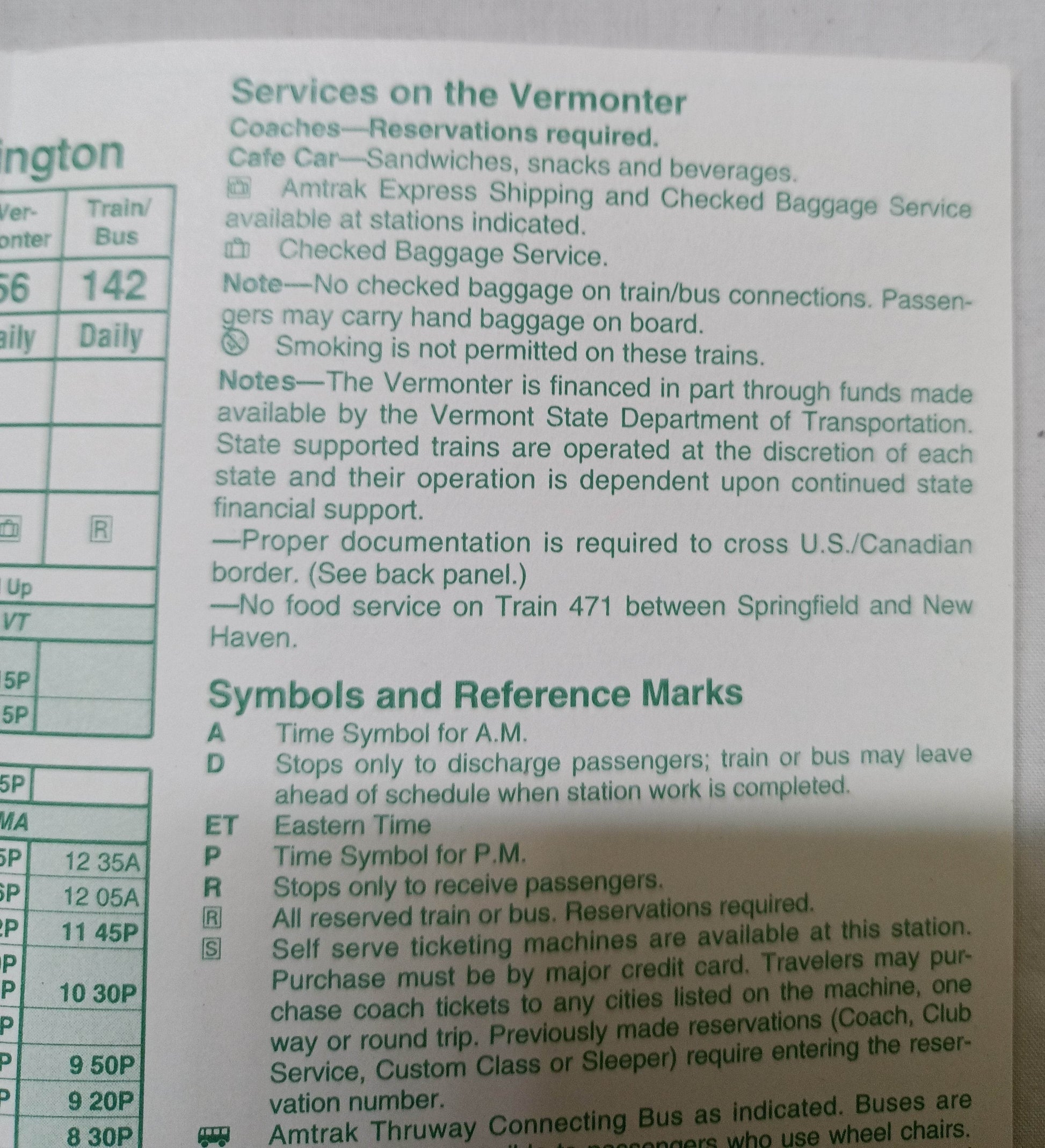 Amtrak Vermont Services Vermonter Fall/Winter 1995/96 Schedule - TulipStuff