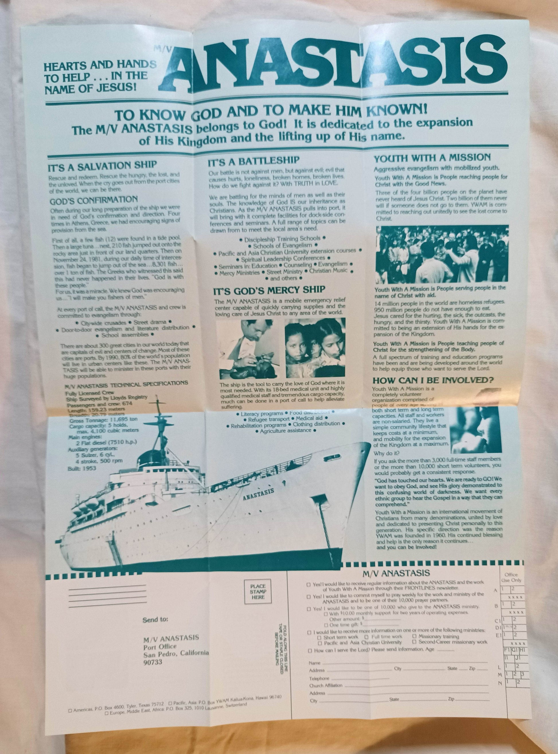 MV Anastasis Hospital Ship YWAM Mercy Ships 1963-64 Brochure 1980's - TulipStuff