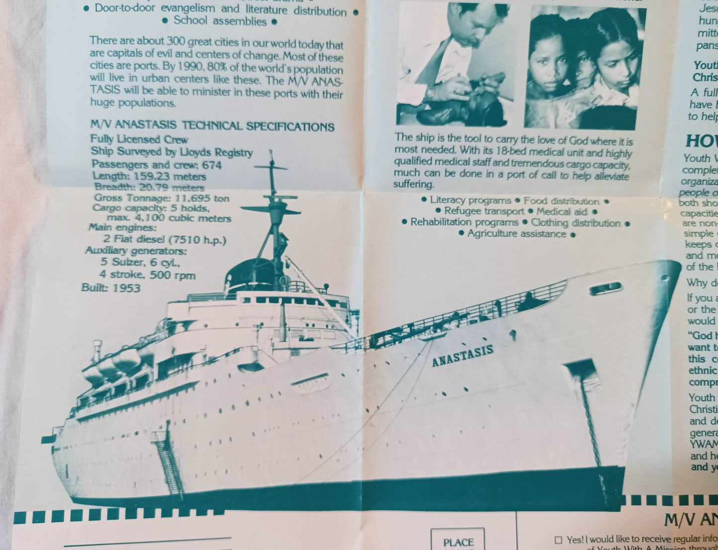 MV Anastasis Hospital Ship YWAM Mercy Ships 1963-64 Brochure 1980's - TulipStuff