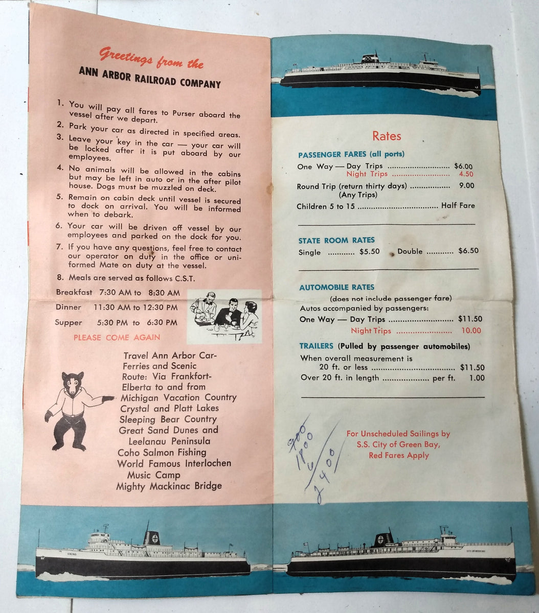 Ann Arbor Railroad Carferry Schedule Summer 1969 Manitowac Frankfort ...