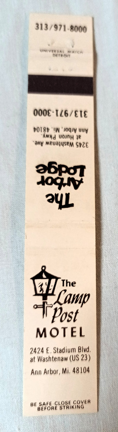 The Arbor Lodge Motel Lamp Post Motel Ann Arbor Matchbook Cover 1970's - TulipStuff