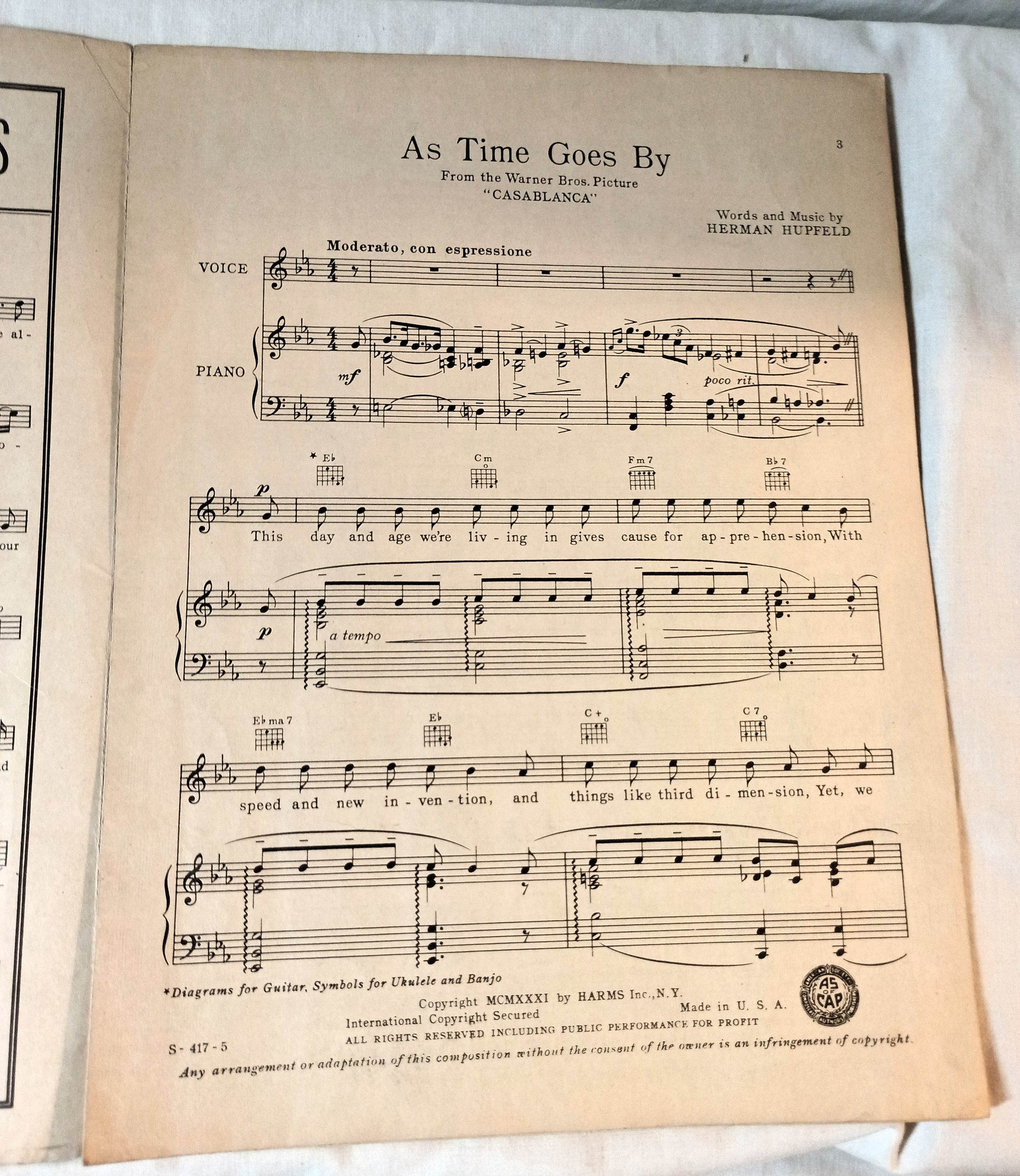 As Time Goes By Casablanca Bogart Bergman Hupfeld Sheet Music 1931 - TulipStuff