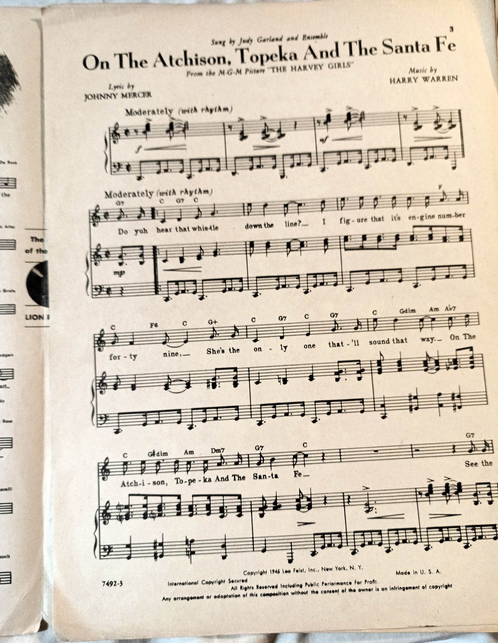 On The Atchison Topeka And The Santa Fe Judy Garland Sheet Music 1934 - TulipStuff