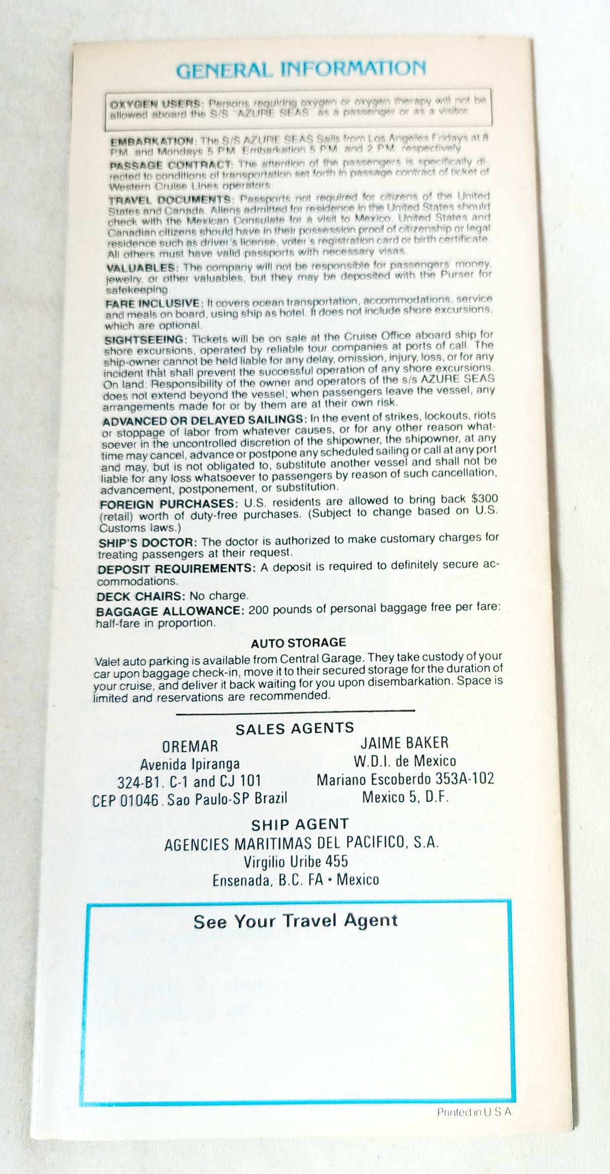 Western Cruise Lines Azure Seas 1980 LA Mexico Cruises Intro Brochure - TulipStuff
