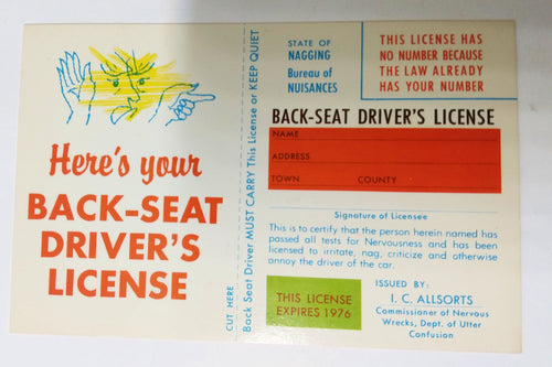 Back-Seat Driver's License Humor Novelty Postcard 1970's - TulipStuff