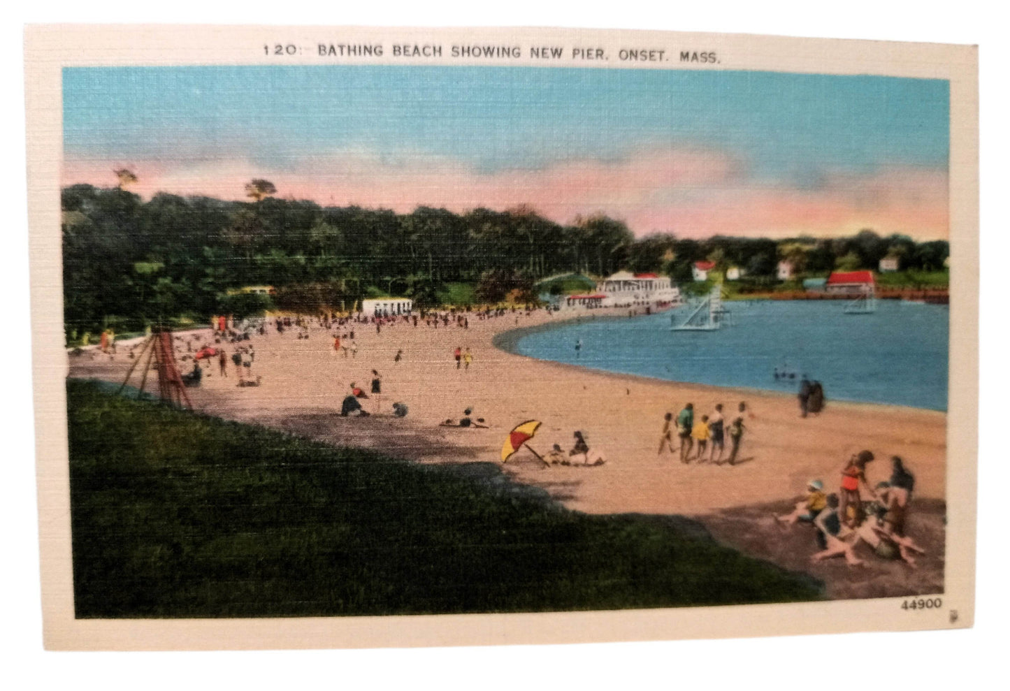 Bathing Beach Showing New Pier Onset Massachusetts 1940 Linen Postcard