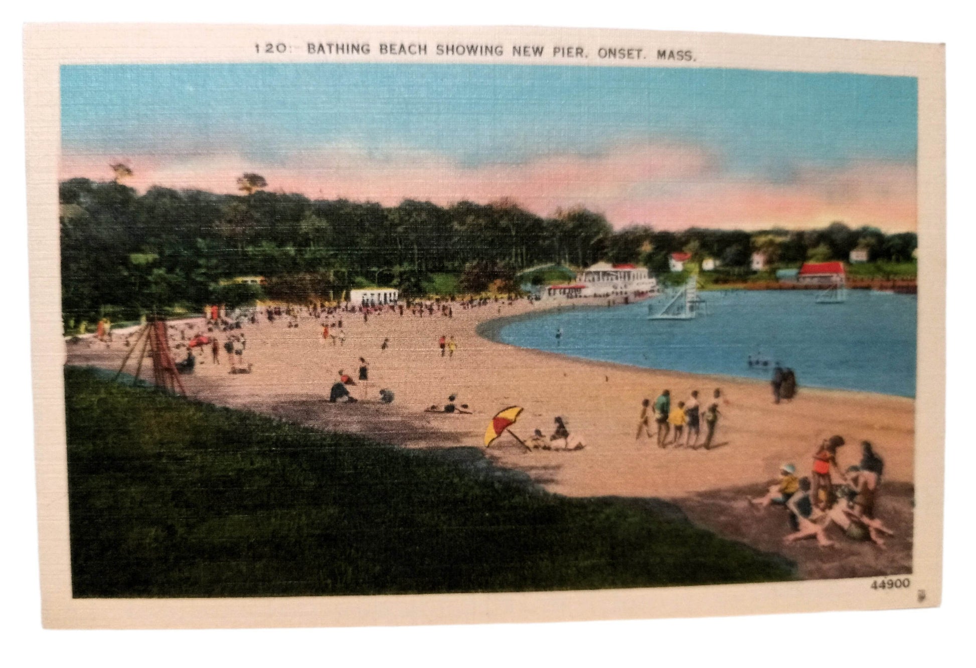 Bathing Beach Showing New Pier Onset Massachusetts 1940 Linen Postcard