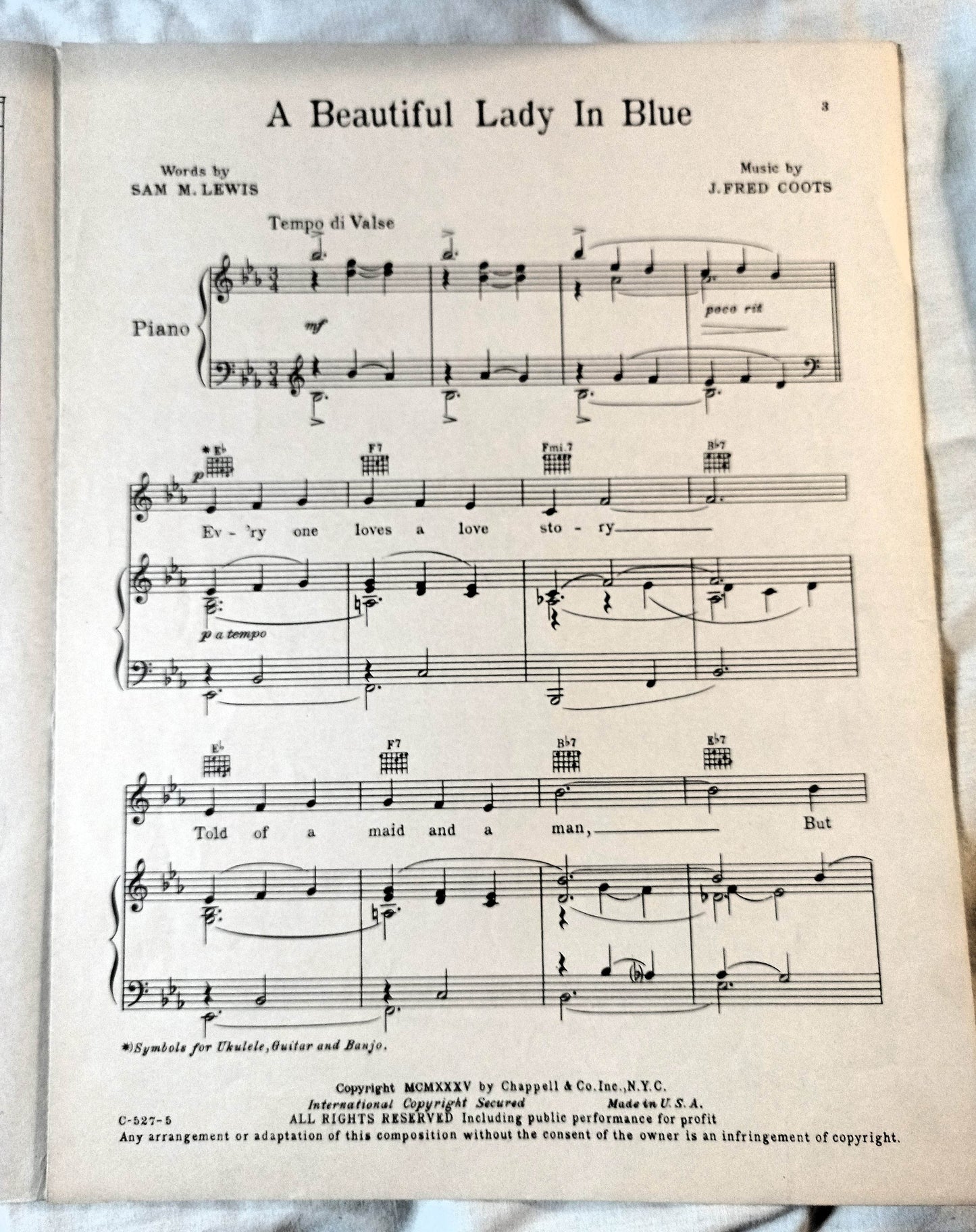 A Beautiful Lady In Blue Sam M Lewis J Fred Coots Sheet Music 1935 - TulipStuff