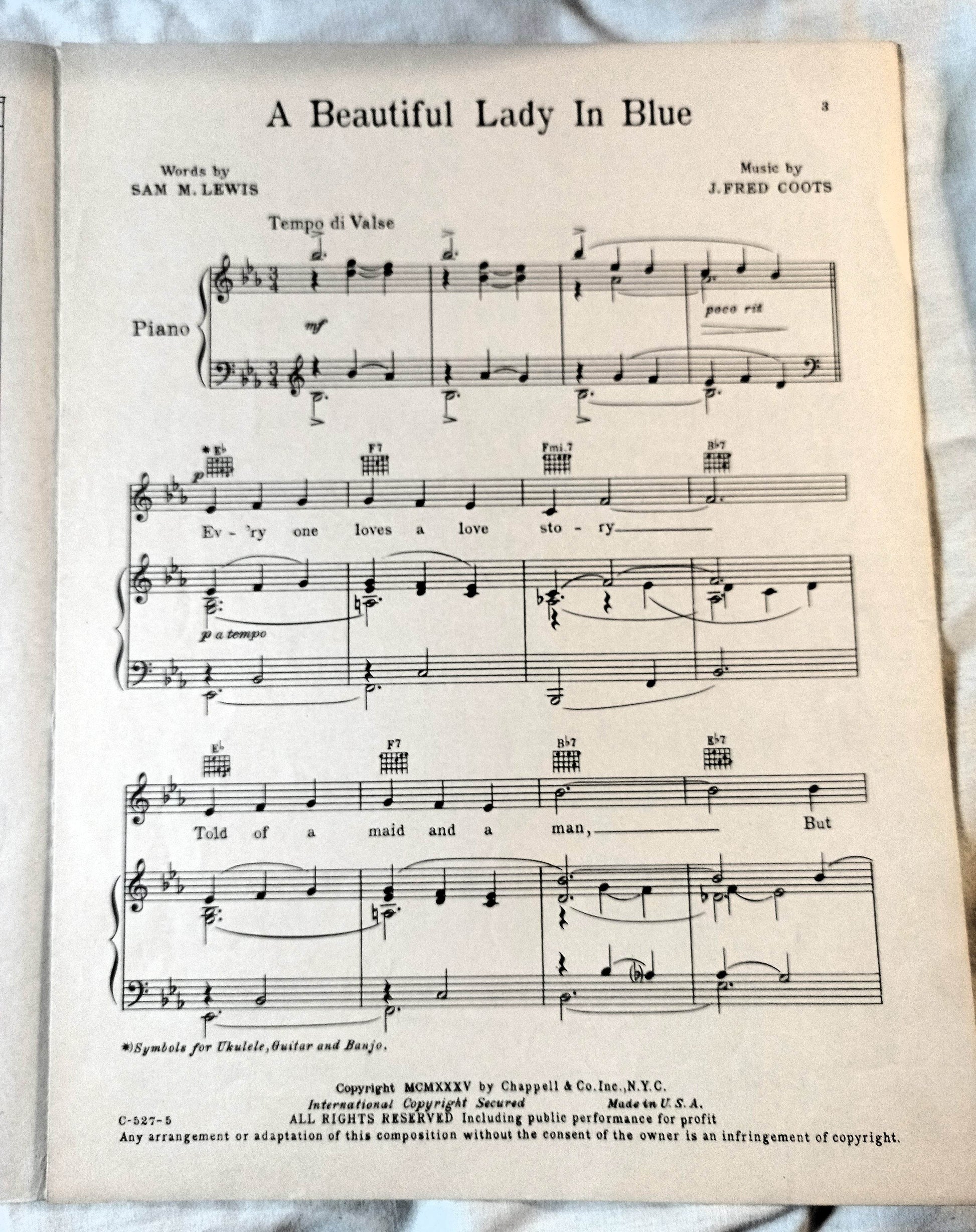 A Beautiful Lady In Blue Sam M Lewis J Fred Coots Sheet Music 1935 - TulipStuff