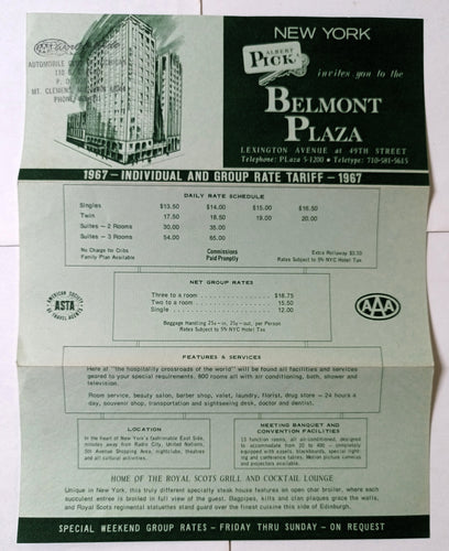 Albert Pick Belmont Plaza Hotel New York City 1967 Rate Tariff Sheet - TulipStuff