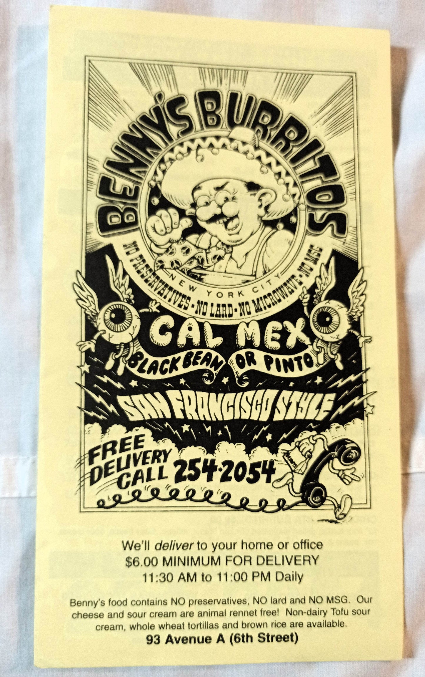 Benny's Burritos Cal Mex Restaurant Take Out Menu Avenue A NYC 1999 - TulipStuff