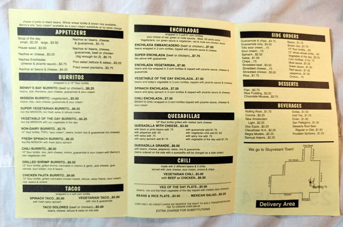 Benny's Burritos Cal Mex Restaurant Take Out Menu Avenue A NYC 1999 - TulipStuff