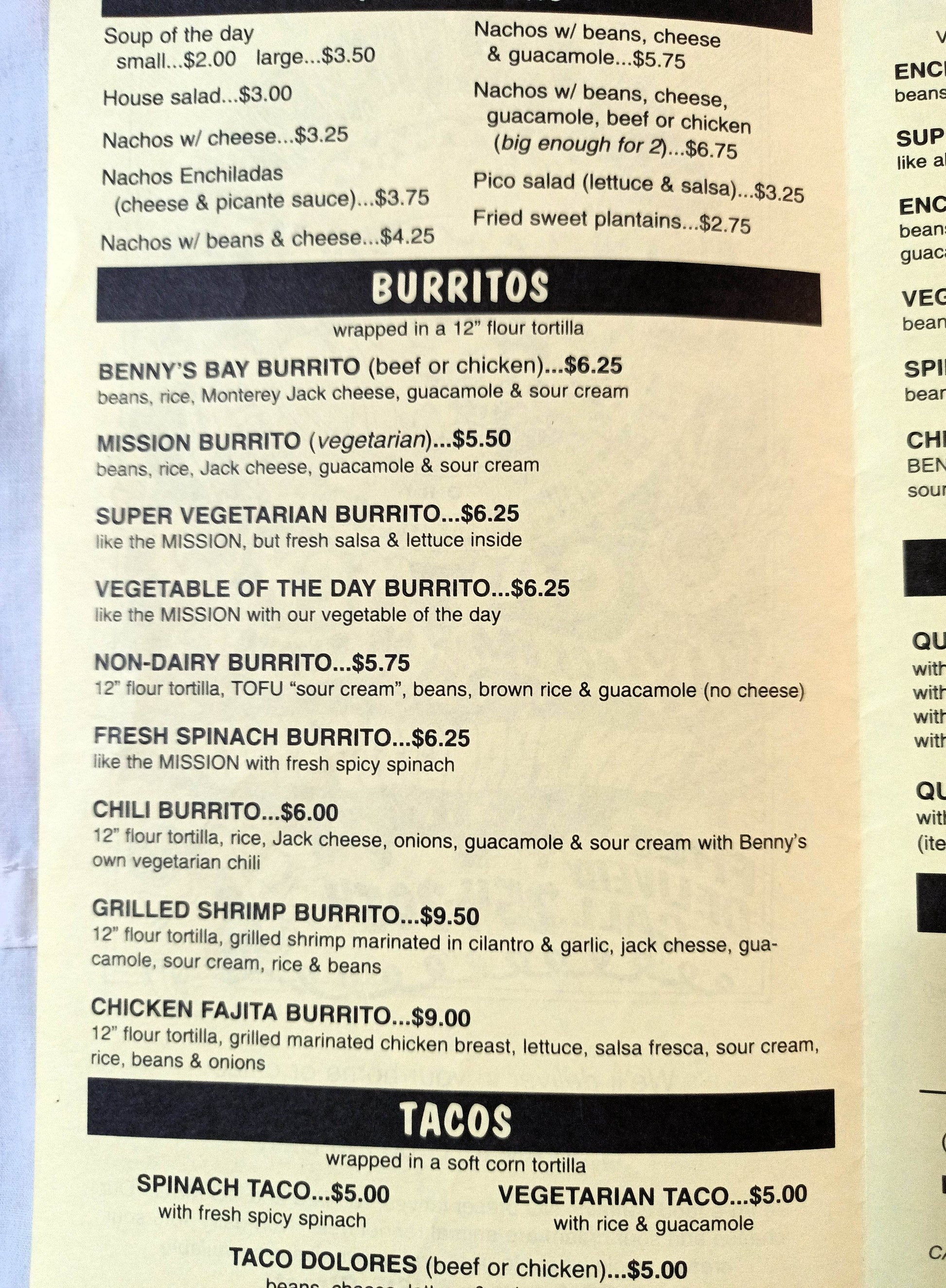 Benny's Burritos Cal Mex Restaurant Take Out Menu Avenue A NYC 1999 - TulipStuff
