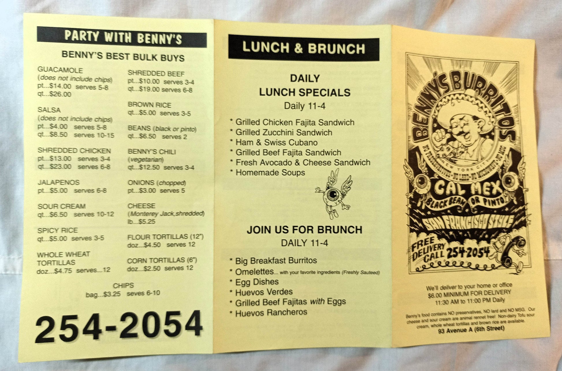 Benny's Burritos Cal Mex Restaurant Take Out Menu Avenue A NYC 1999 - TulipStuff
