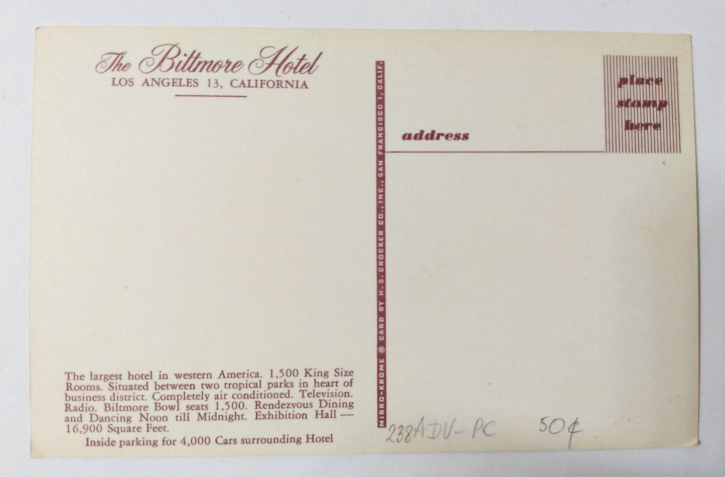 The Biltmore Hotel Downtown Los Angeles California 1950's Postcard - TulipStuff