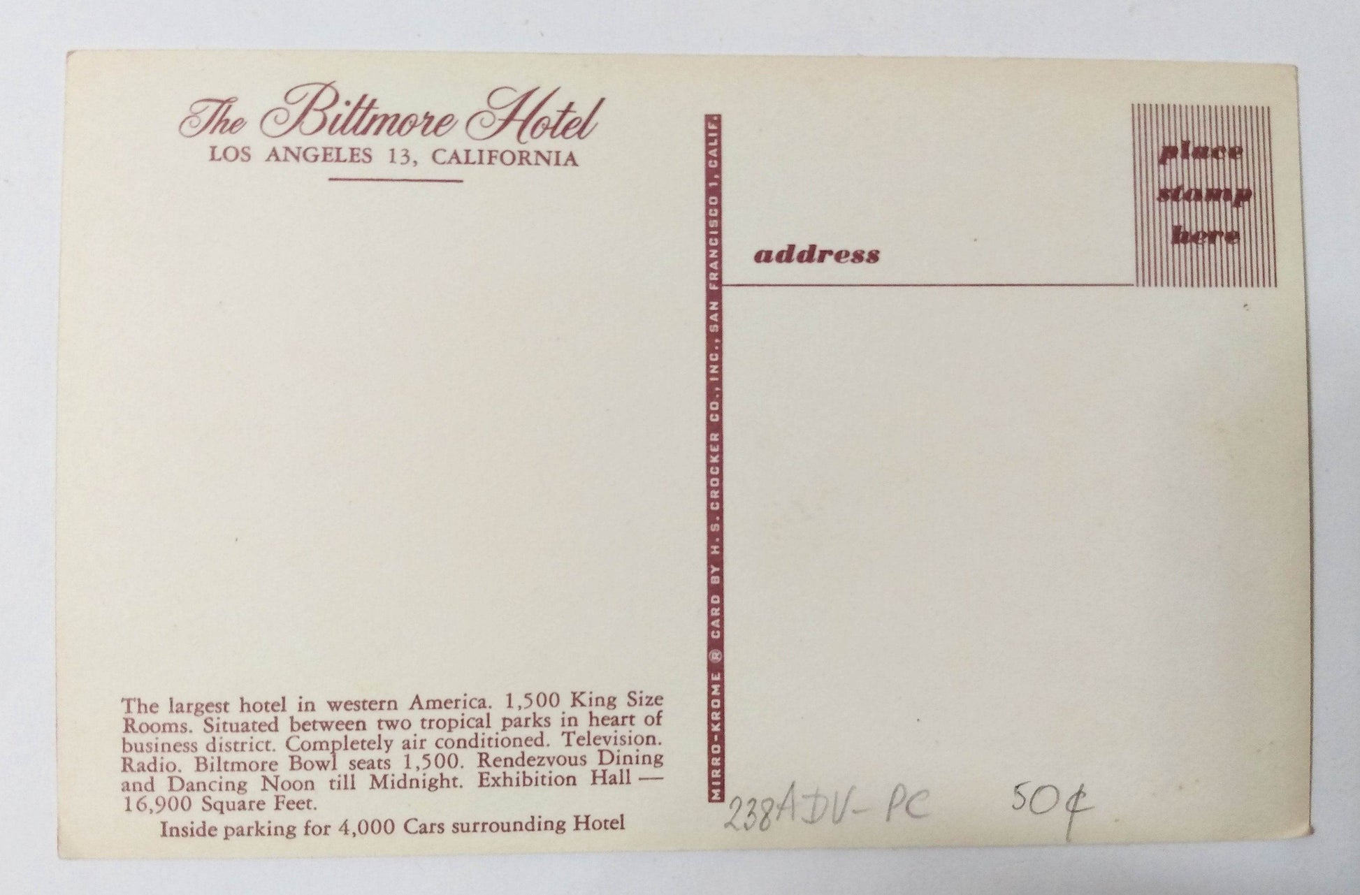 The Biltmore Hotel Downtown Los Angeles California 1950's Postcard - TulipStuff