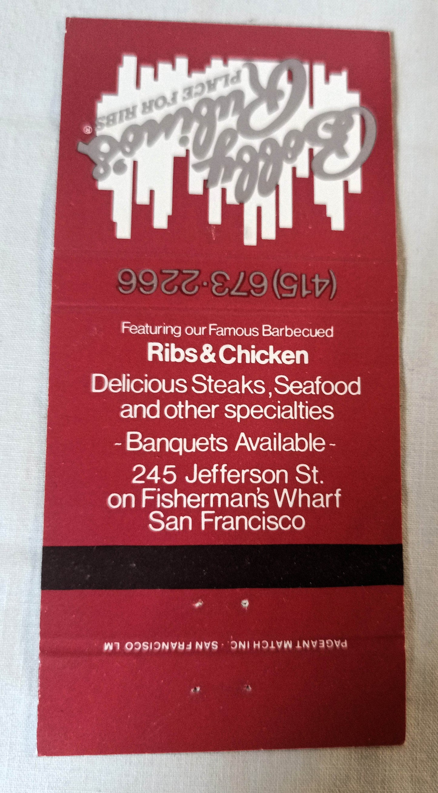 Bobby Rubino's Place For Ribs San Francisco CA Matchbook Cover 1980's - TulipStuff