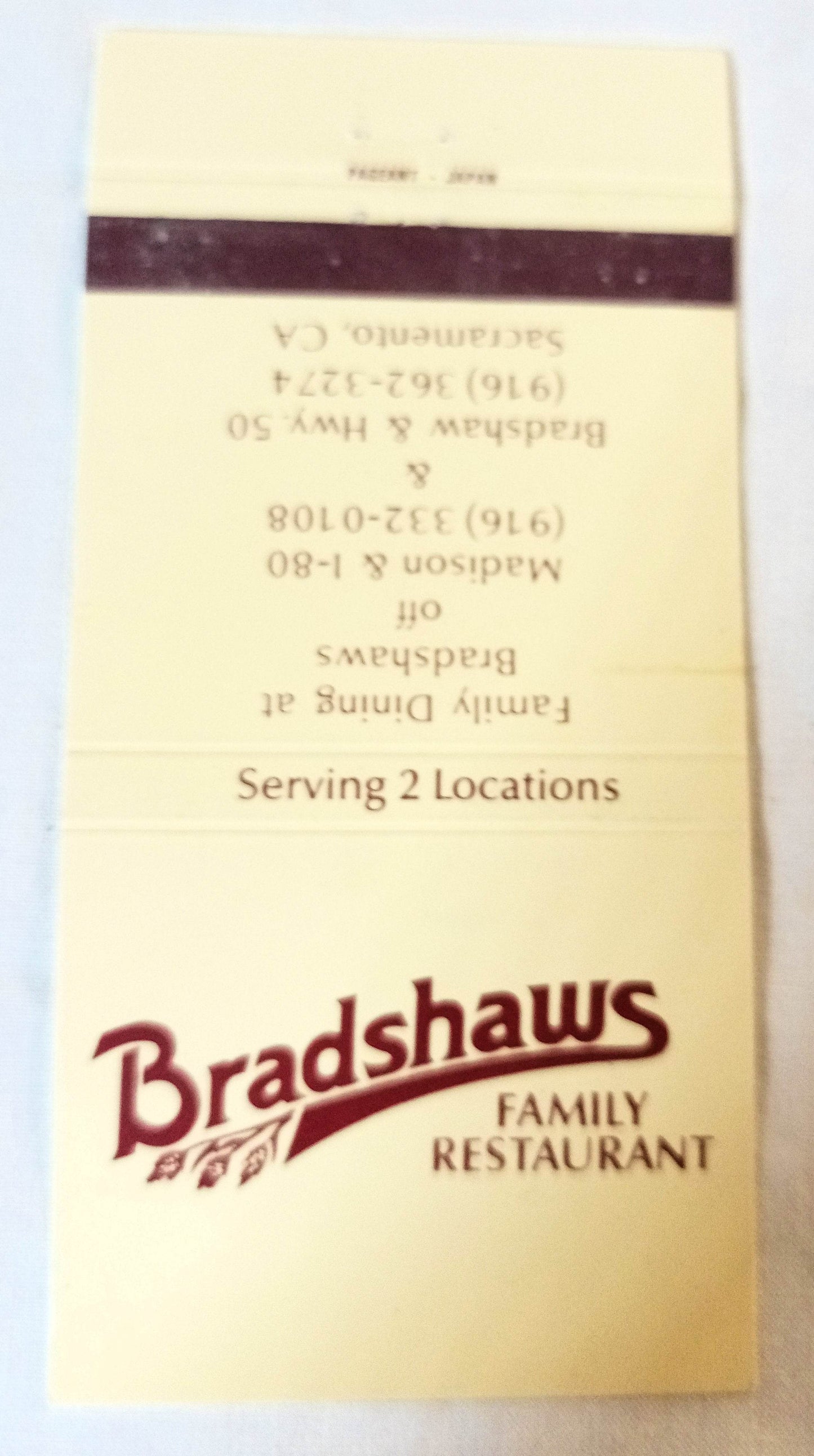 Bradshaw's Family Restaurant Sacramento CA Matchbook Cover 1980's - TulipStuff