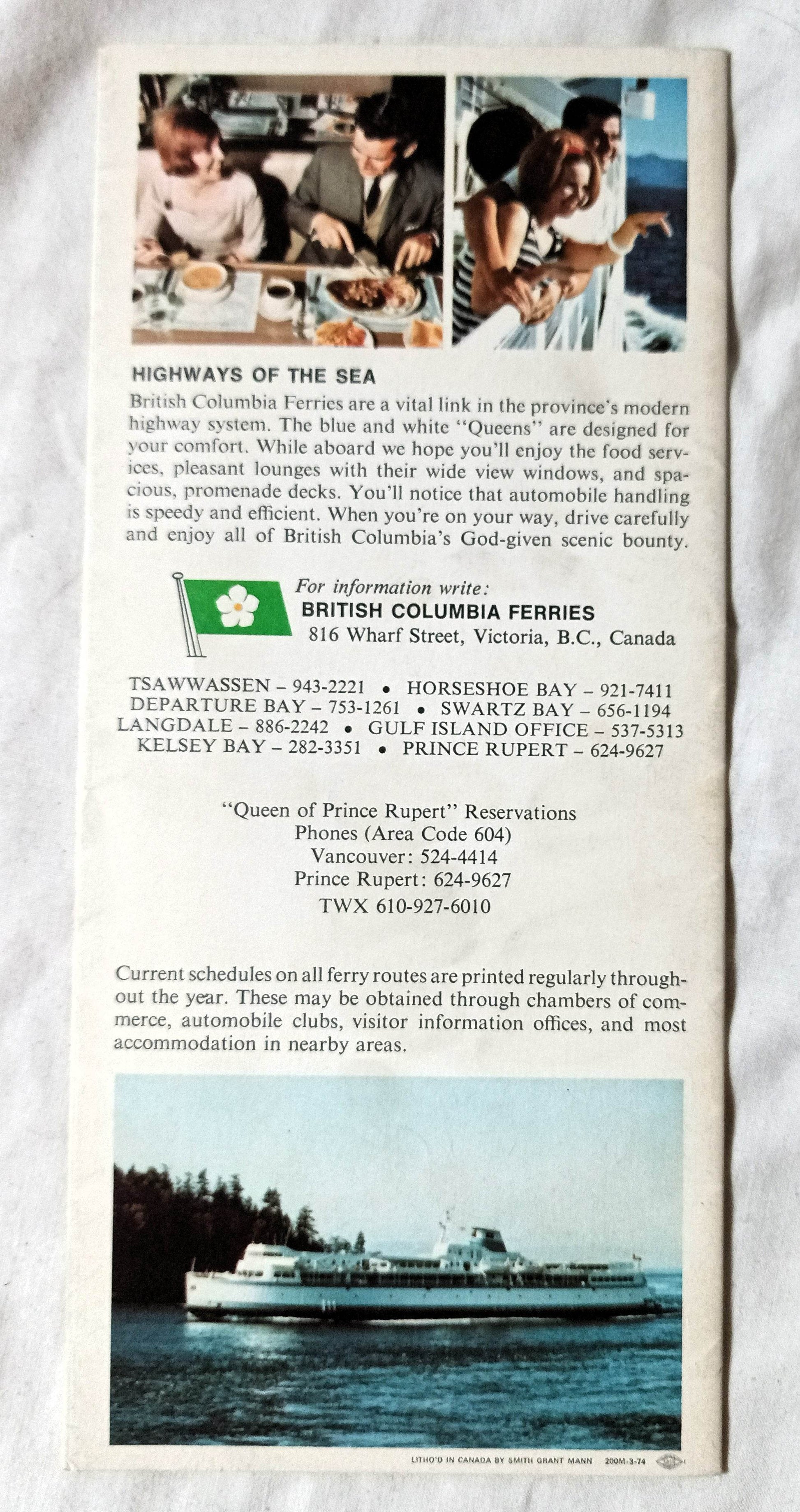 British Columbia Ferries 1974 Services Brochure mv Queen of Prince Rupert - TulipStuff