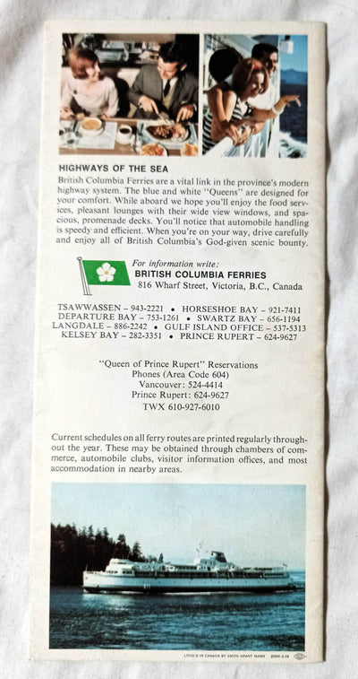 British Columbia Ferries 1974 Services Brochure mv Queen of Prince Rupert - TulipStuff
