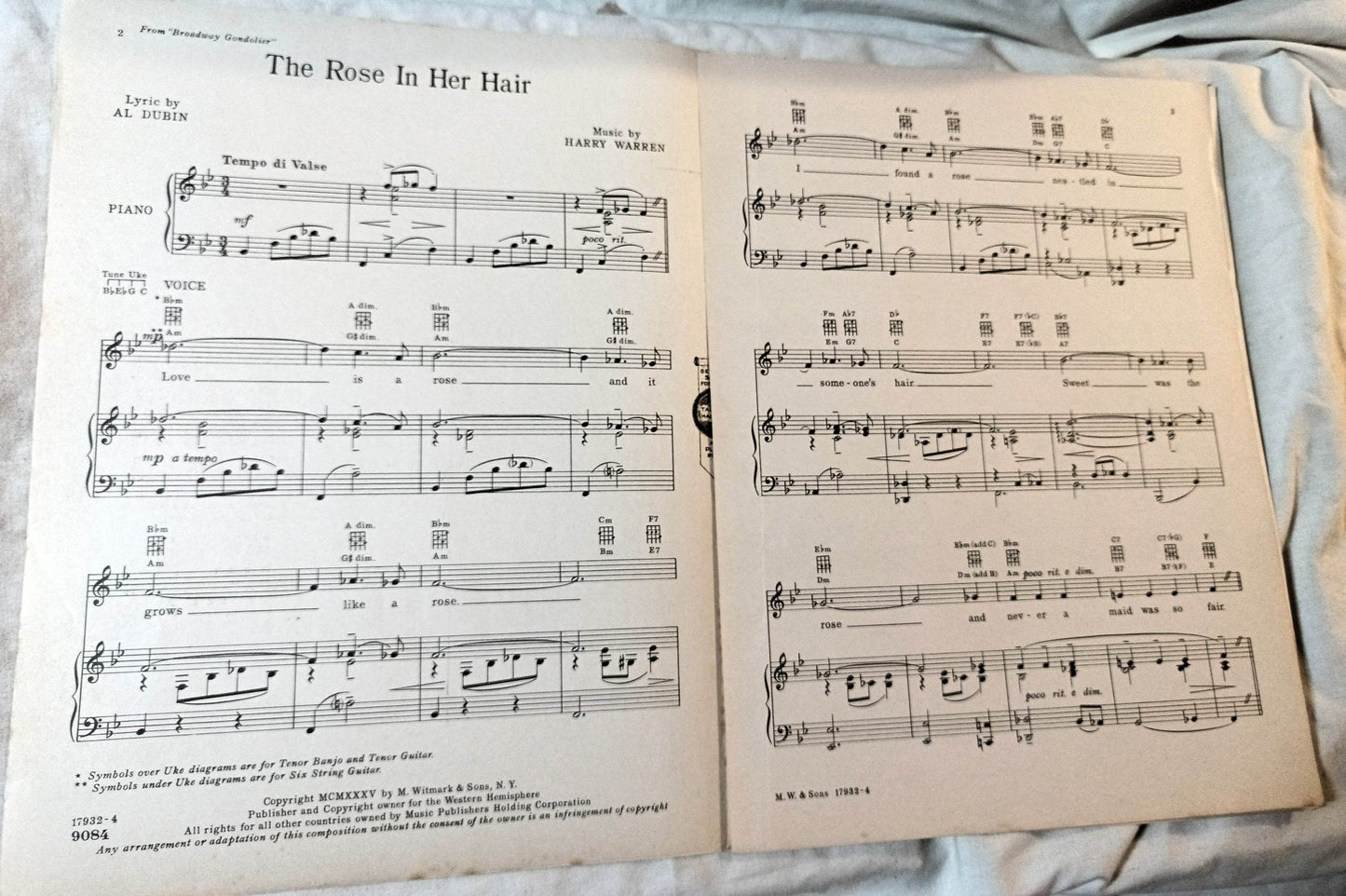 The Rose In Her Hair Broadway Gondolier Dick Powell Sheet Music 1935 - TulipStuff