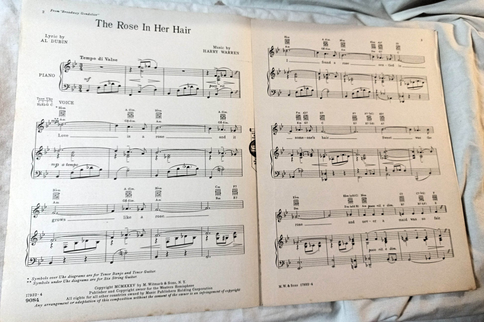 The Rose In Her Hair Broadway Gondolier Dick Powell Sheet Music 1935 - TulipStuff