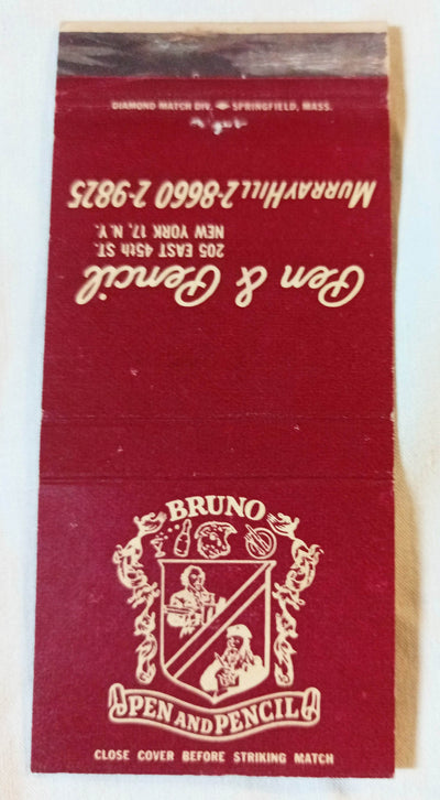 Bruno's Pen And Pencil Restaurant Steak Row NYC Matchbook Cover 1950's - TulipStuff