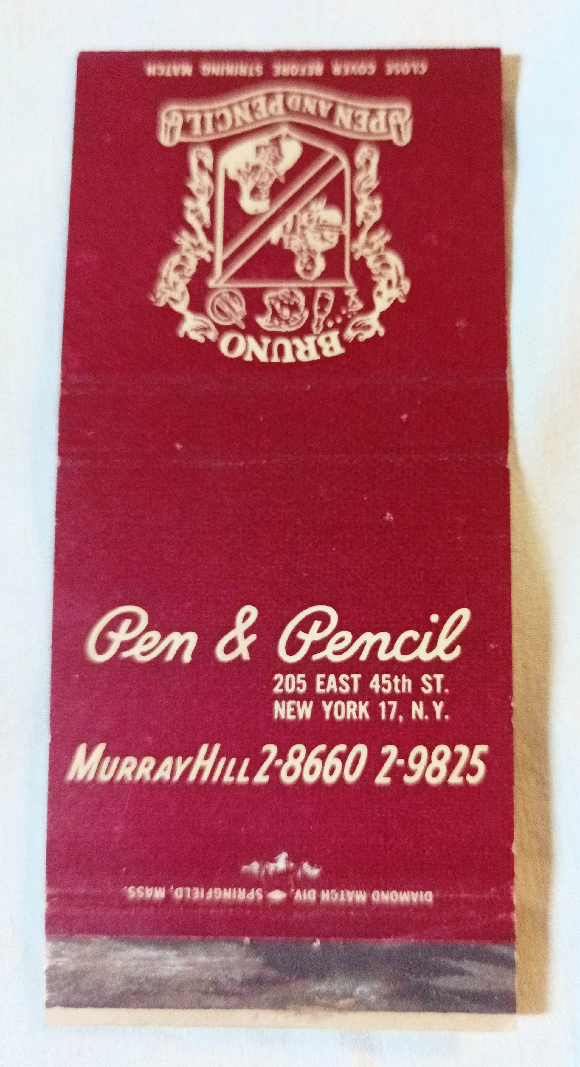 Bruno's Pen And Pencil Restaurant Steak Row NYC Matchbook Cover 1950's - TulipStuff