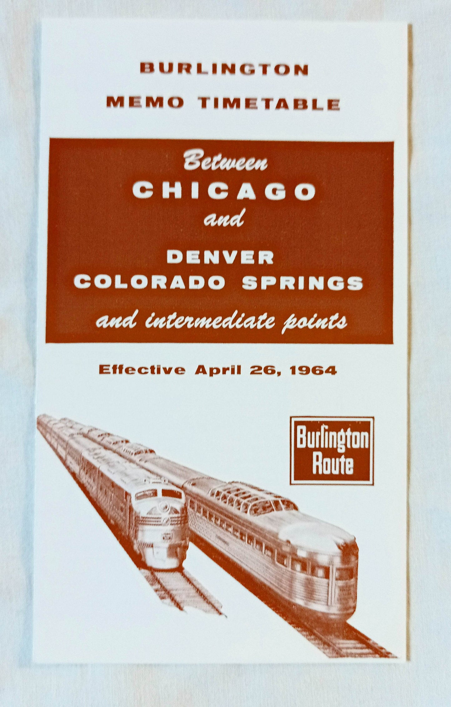 Burlington Route 1964 Memo Timetable Chicago Denver Colorado Springs - TulipStuff