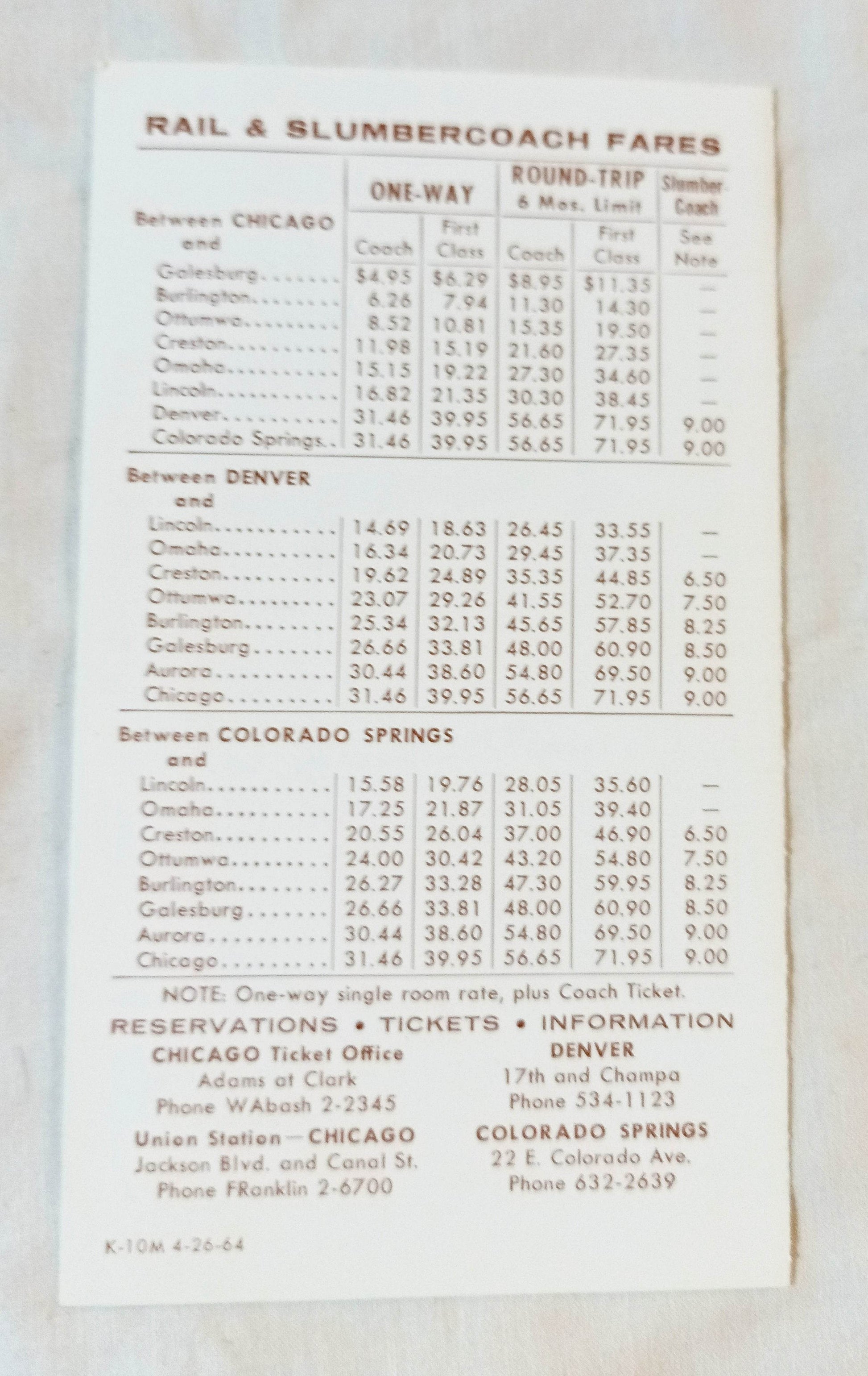 Burlington Route 1964 Memo Timetable Chicago Denver Colorado Springs - TulipStuff