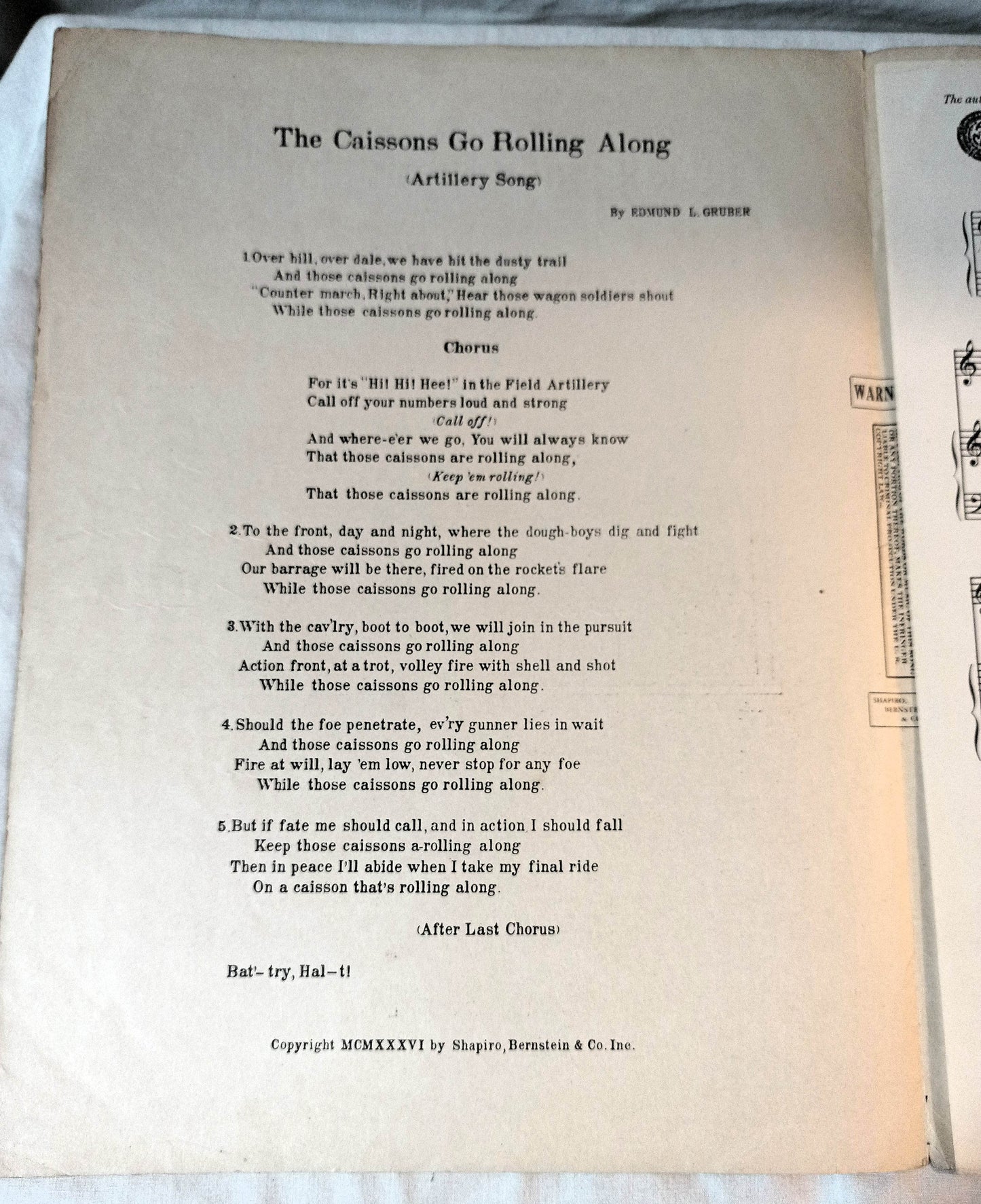 The Caissons Go Rolling Along Artillery Song Gruber Sheet Music 1936 - TulipStuff