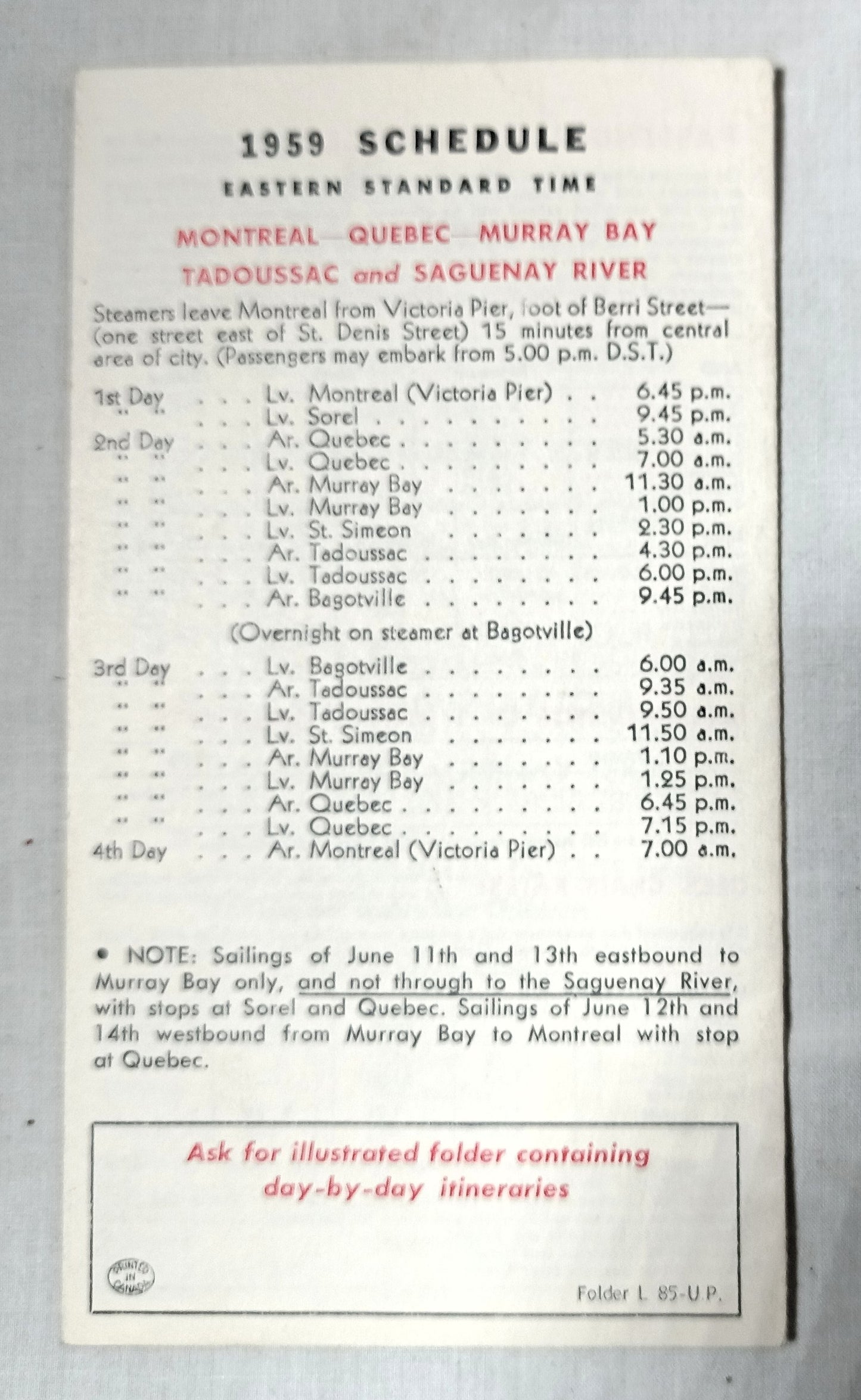 Canada Steamship Lines 1959 Time Tables Montreal Quebec Saguenay  TulipStuff