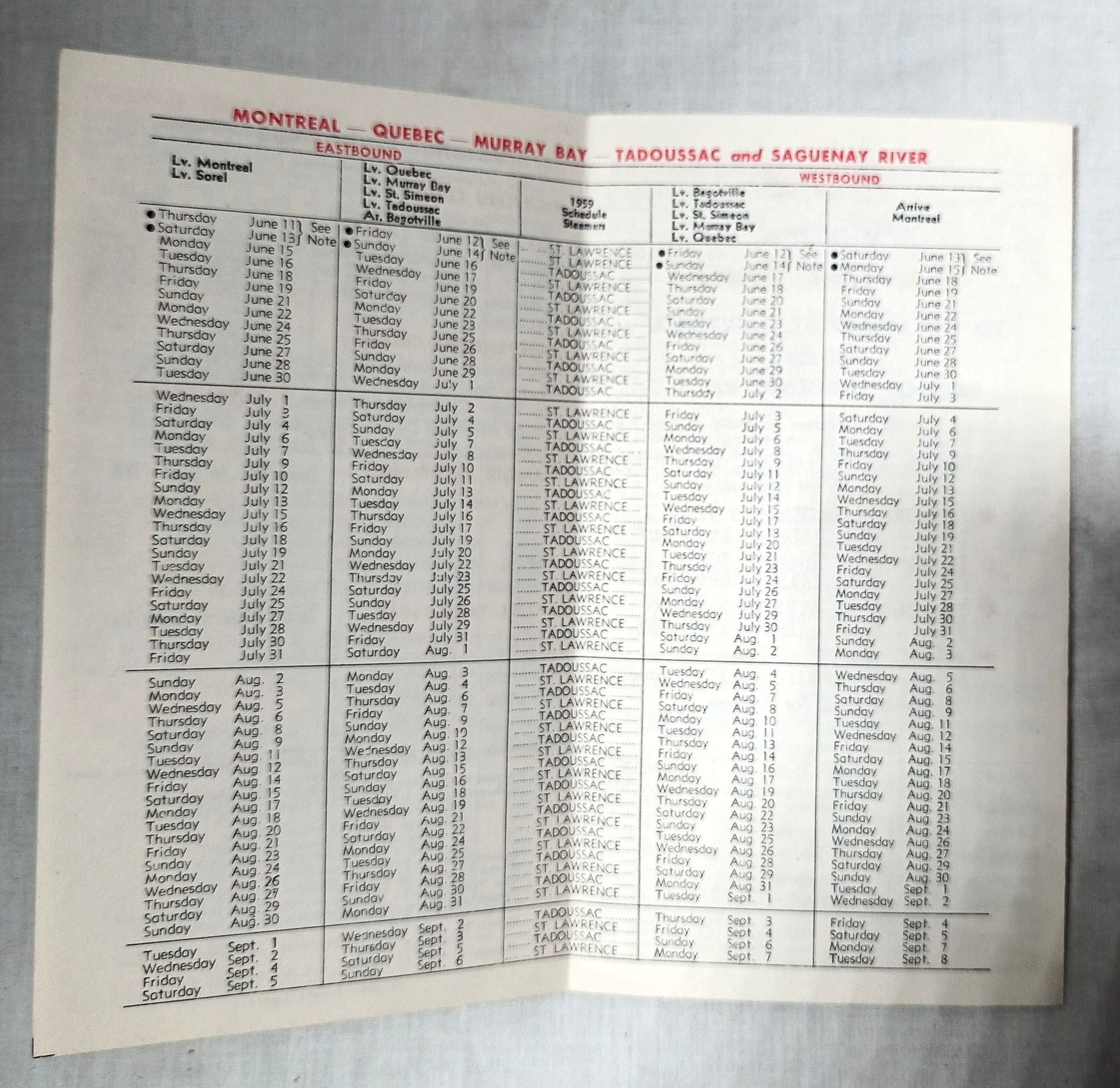 Canada Steamship Lines 1959 Time Tables Montreal Quebec Saguenay  TulipStuff