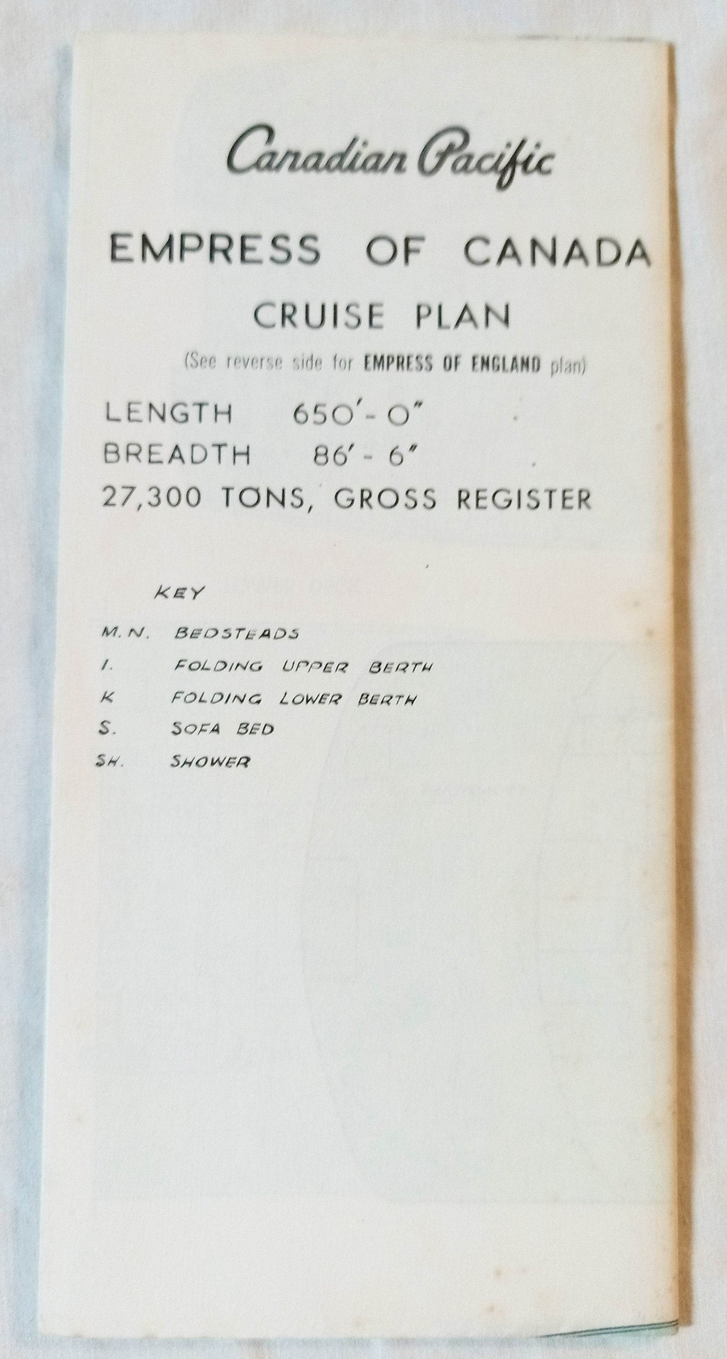 Canadian Pacific Empress Of Canada / Empress Of England Deck Plan 1960's - TulipStuff
