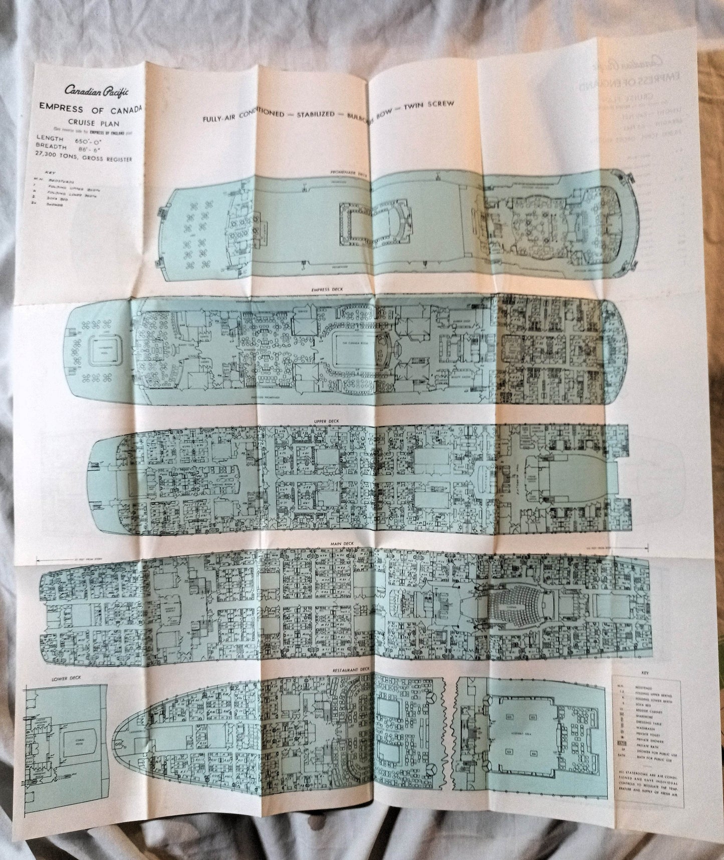 Canadian Pacific Empress Of Canada / Empress Of England Deck Plan 1960's - TulipStuff