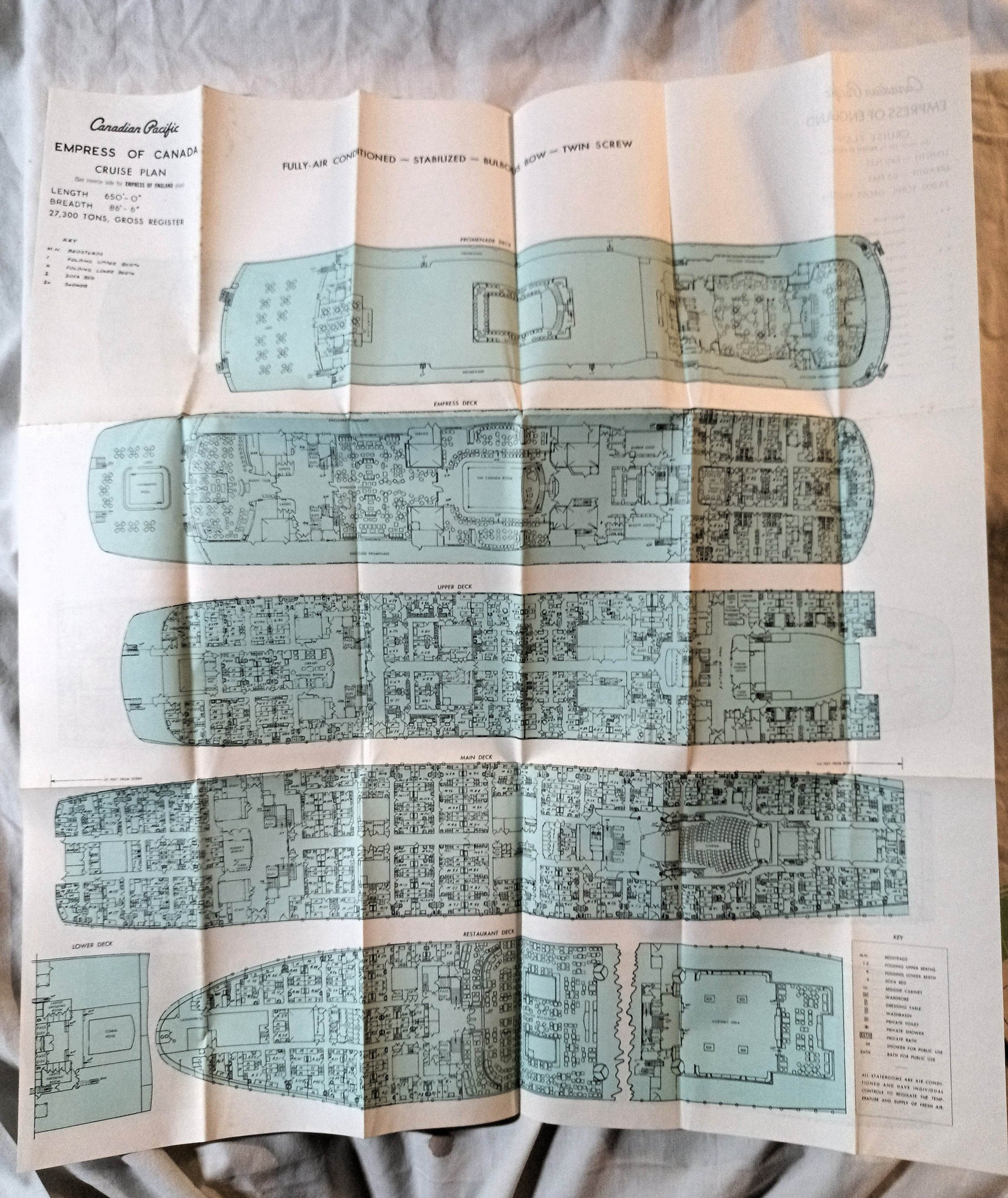 Canadian Pacific Empress Of Canada / Empress Of England Deck Plan 1960's - TulipStuff