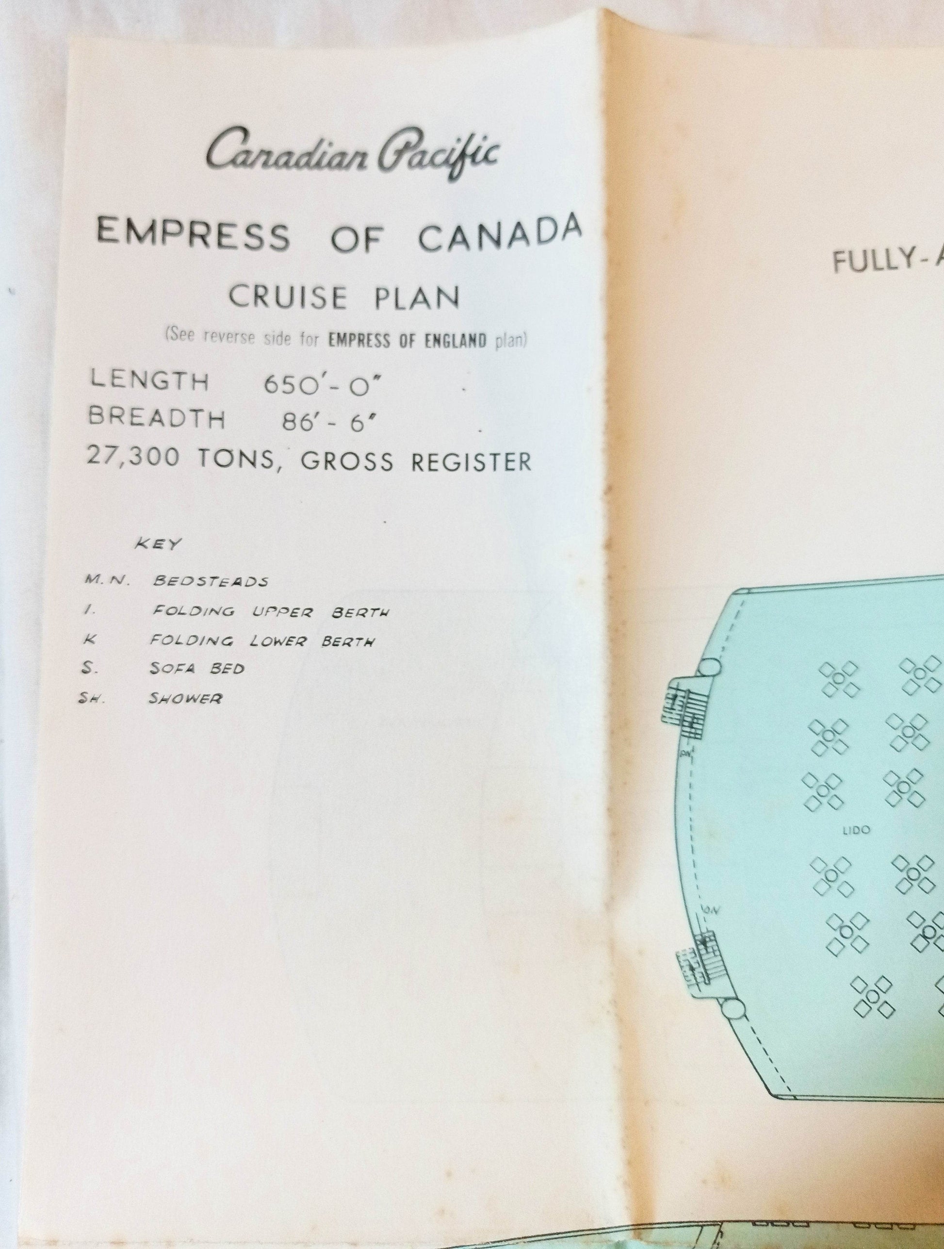 Canadian Pacific Empress Of Canada / Empress Of England Deck Plan 1960's - TulipStuff