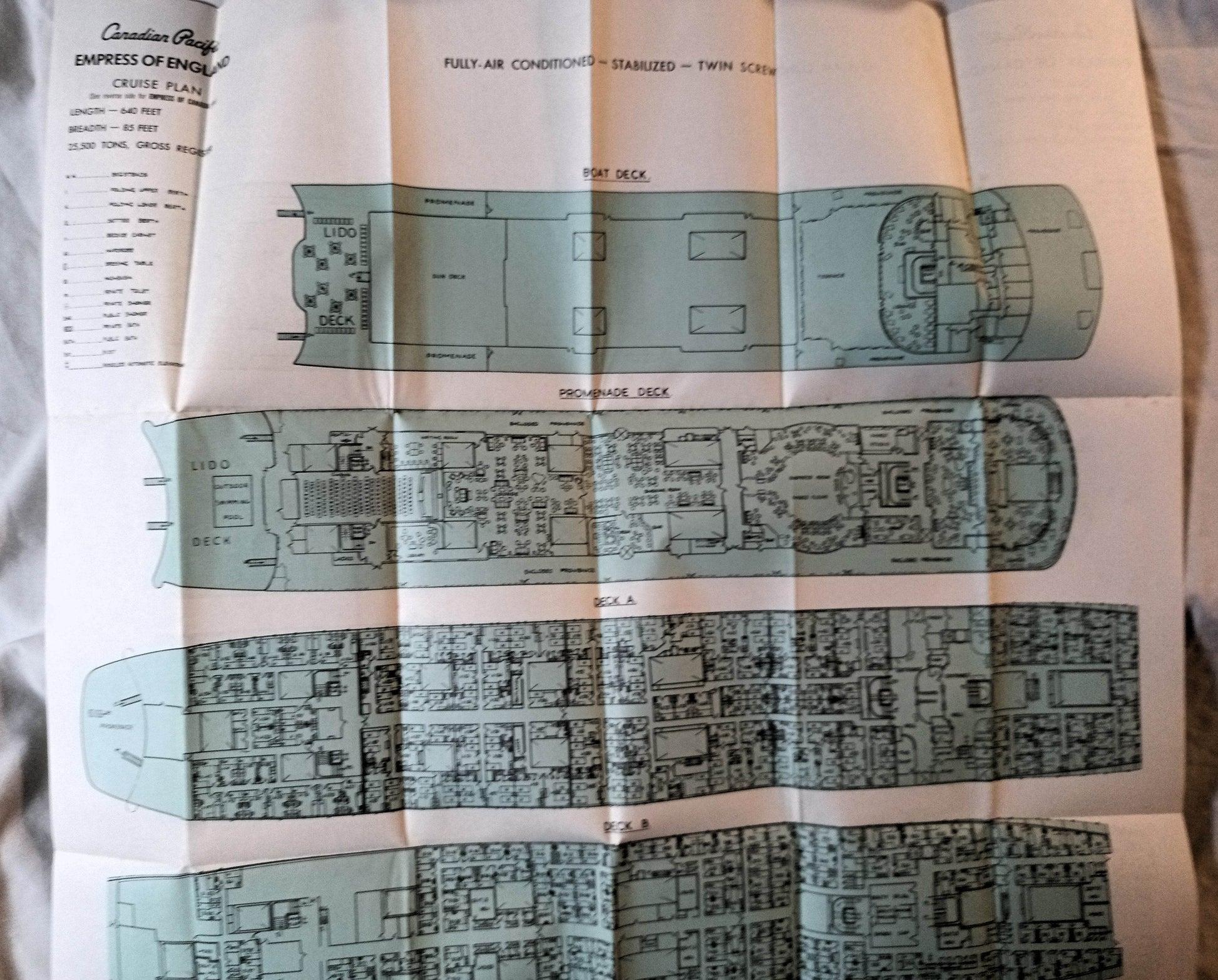 Canadian Pacific Empress Of Canada / Empress Of England Deck Plan 1960's - TulipStuff