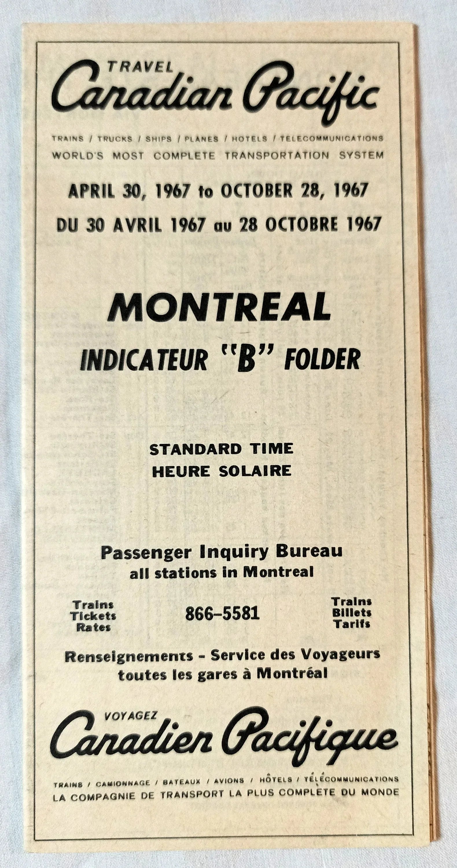 Canadian Pacific 1967 Montreal Folder B Passenger Trains Timetable - TulipStuff