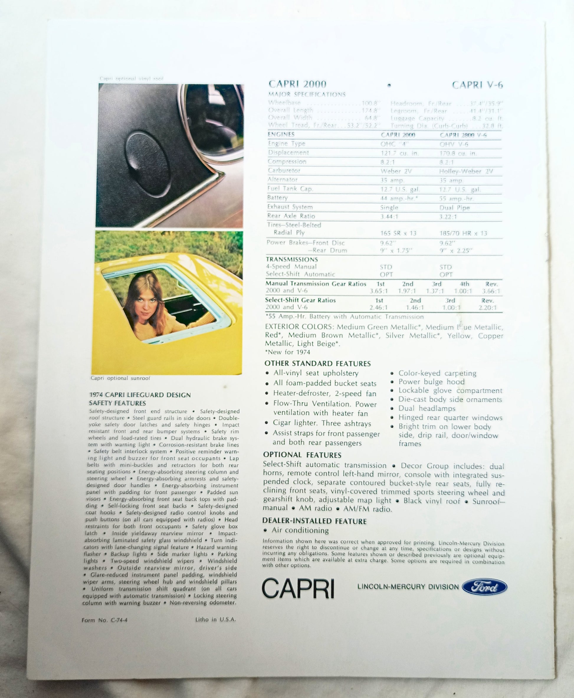 Capri 2000 Capri V-6 1974 US Dealer Sales Brochure Lincoln-Mercury - TulipStuff