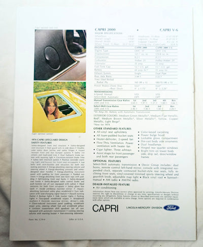 Capri 2000 Capri V-6 1974 US Dealer Sales Brochure Lincoln-Mercury - TulipStuff