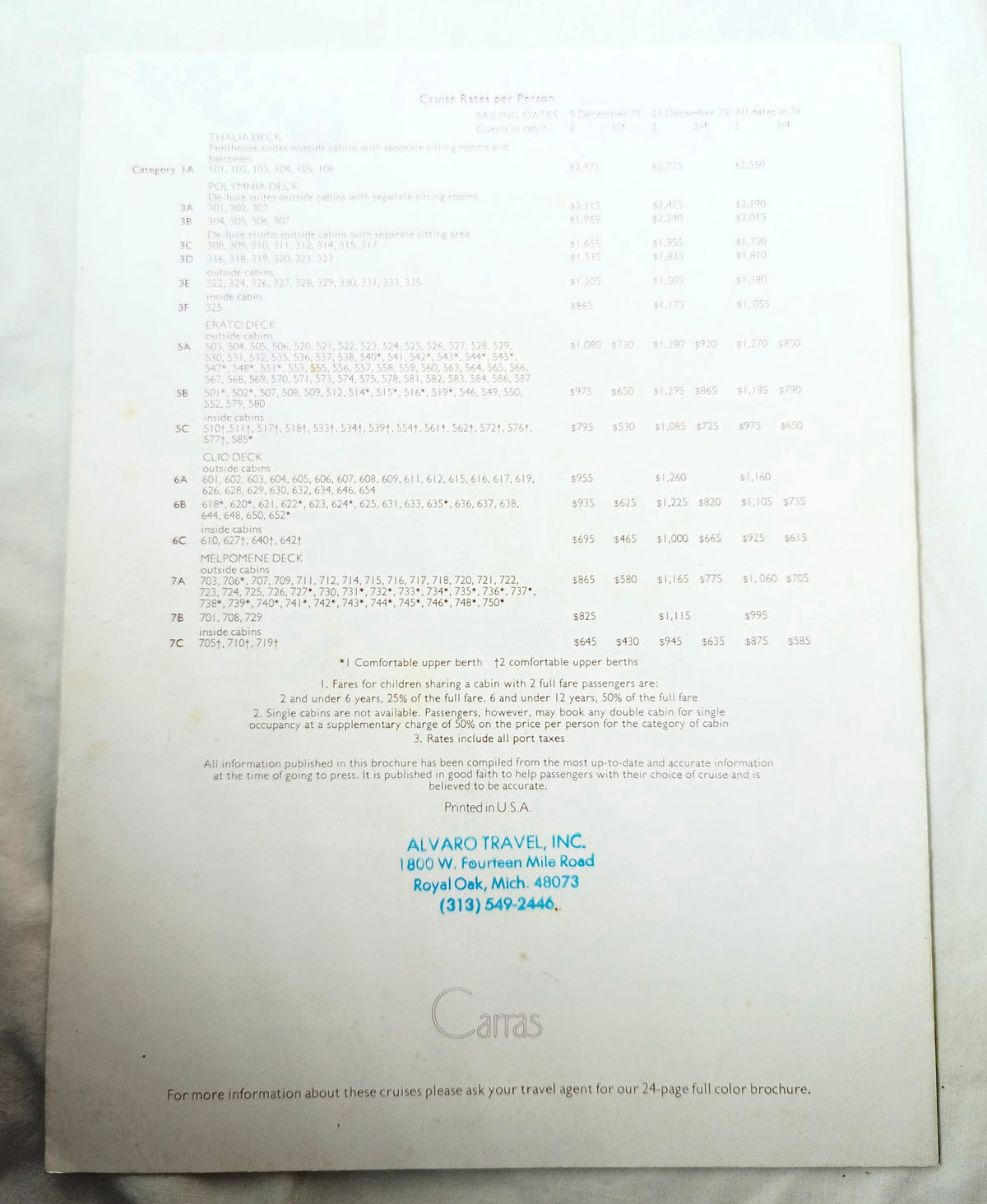 Carras Cruises mts Daphne 1975-76 Mexico Jamaica Cruise Brochure - TulipStuff